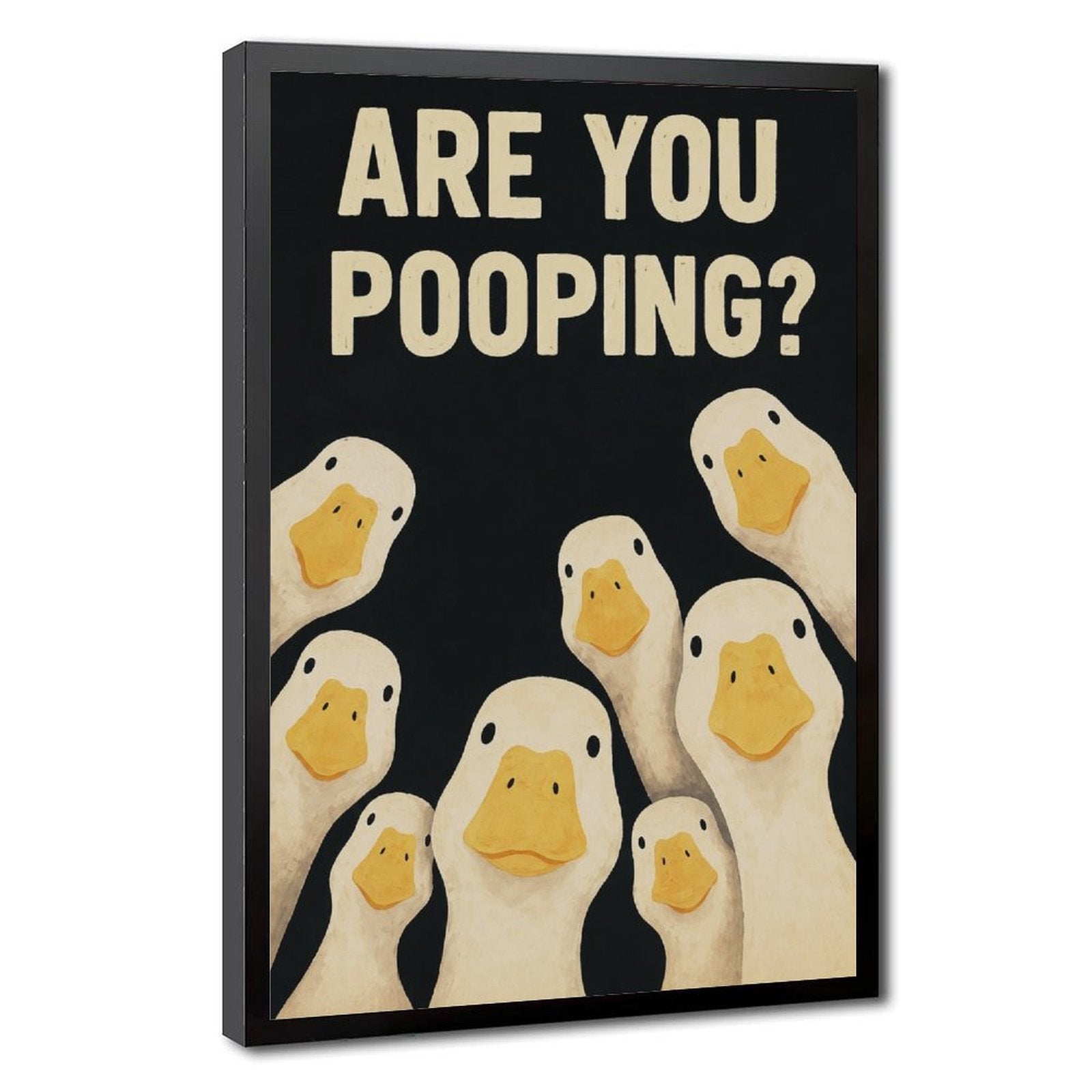 group of white ducks beneath bold bathroom typography in black, cream, yellow tones — Black Frame HERO