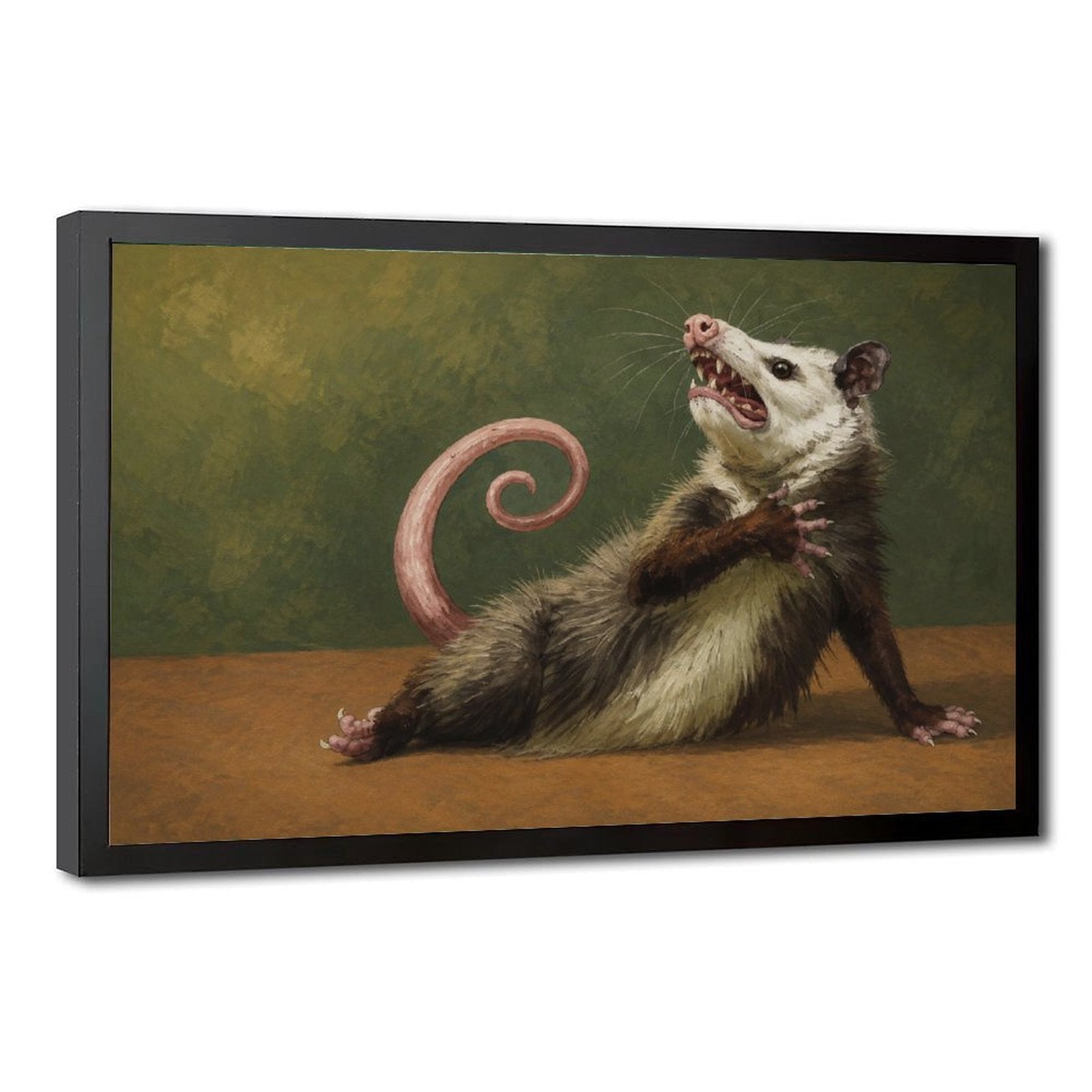 hissing opossum with a curled pink tail in olive green, brown, cream tones — Black Frame HERO