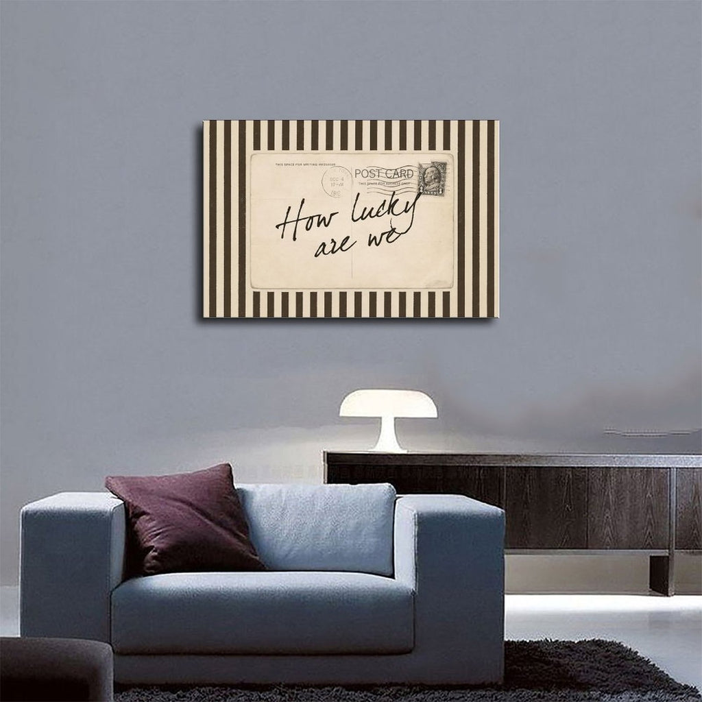 handwritten gratitude quote on a vintage postcard in cream, black, sepia tones — Wrapped Canvas SCENE_03