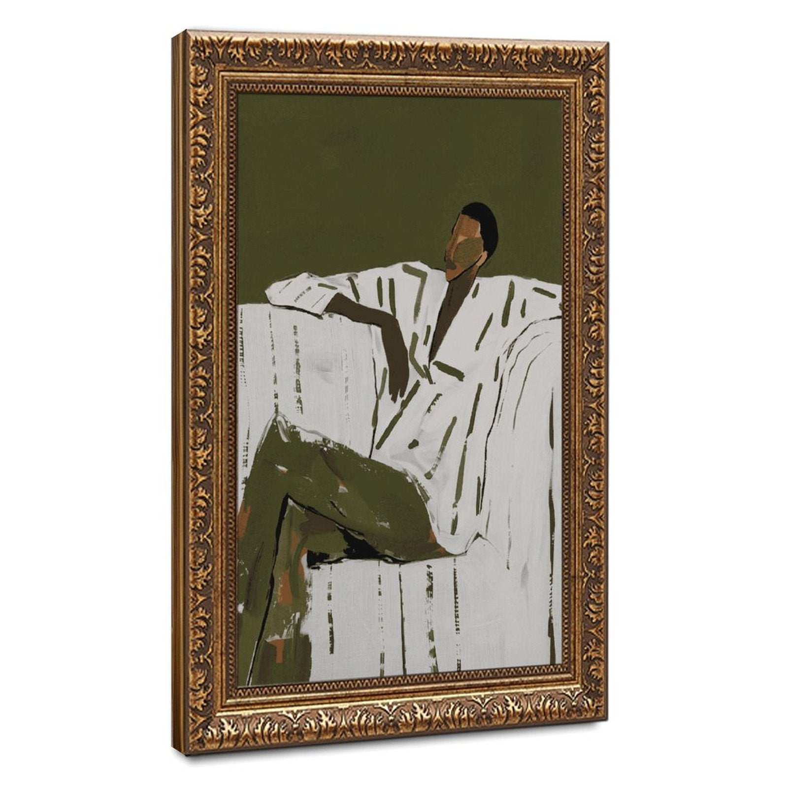 seated man in a white shirt and olive trousers in minimalist figurative art style — Vintage Gold Frame HERO