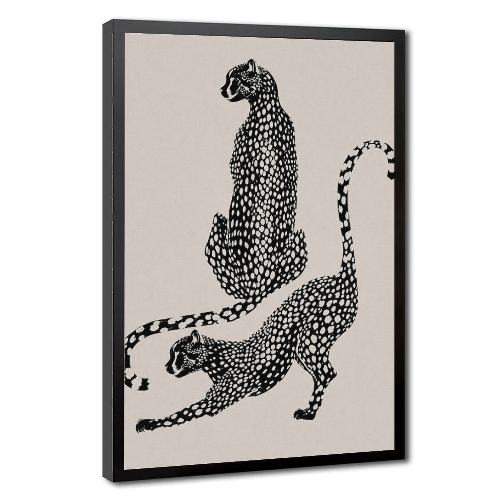 two spotted big cats in contrasting poses in black, warm cream tones — Black Frame HERO
