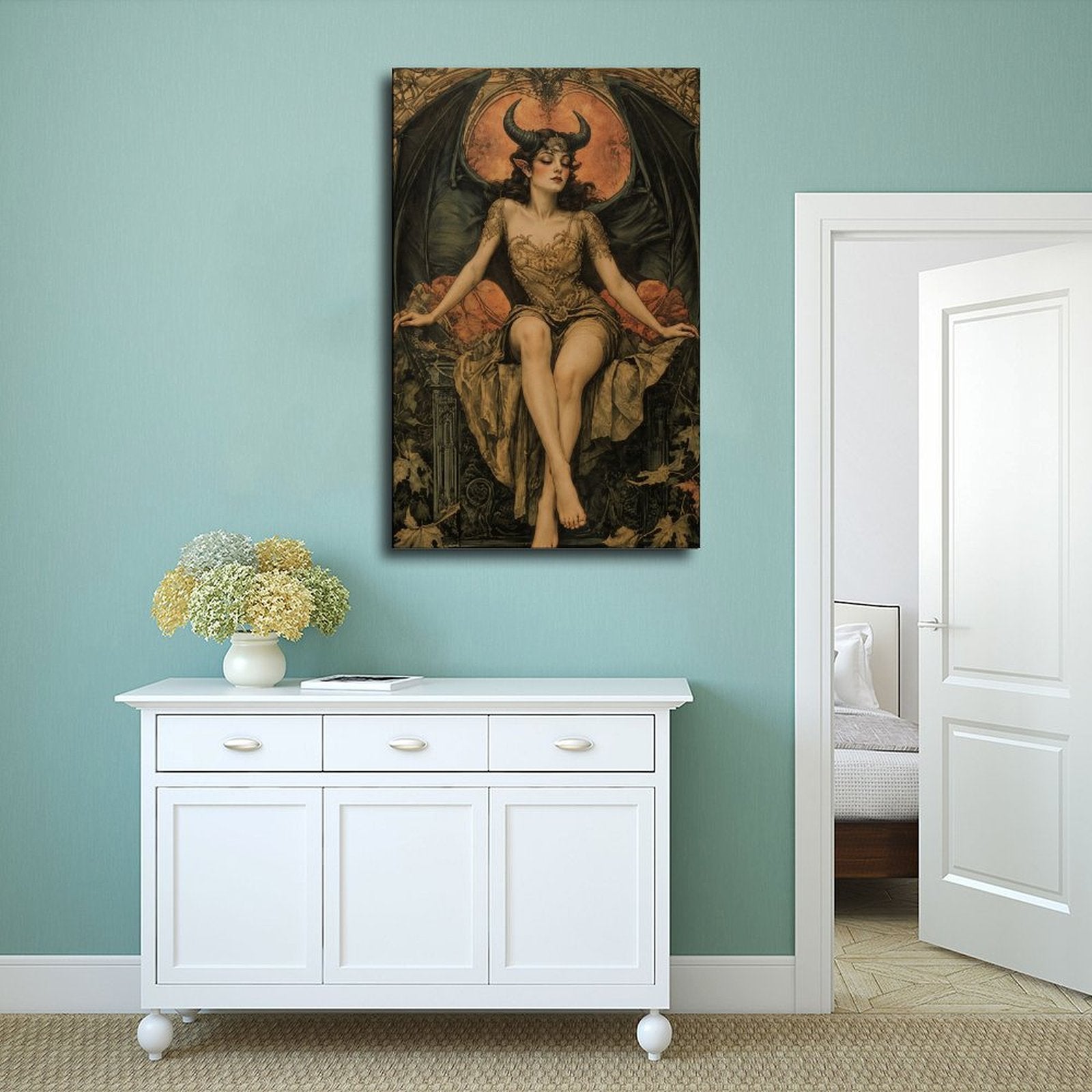 horned winged woman seated before a glowing moon in brown, black, burnt orange tones — Wrapped Canvas SCENE_02