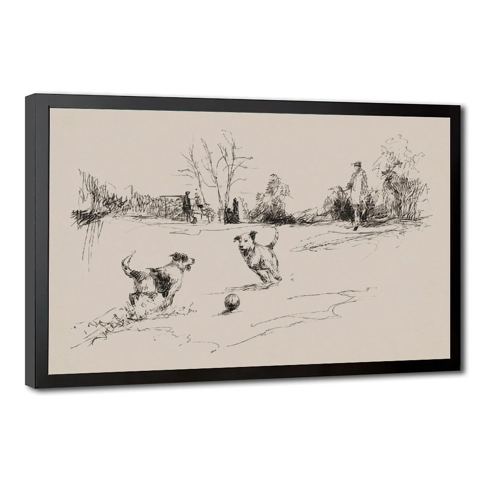 two dogs playing with a ball in black, warm cream tones — Black Frame HERO