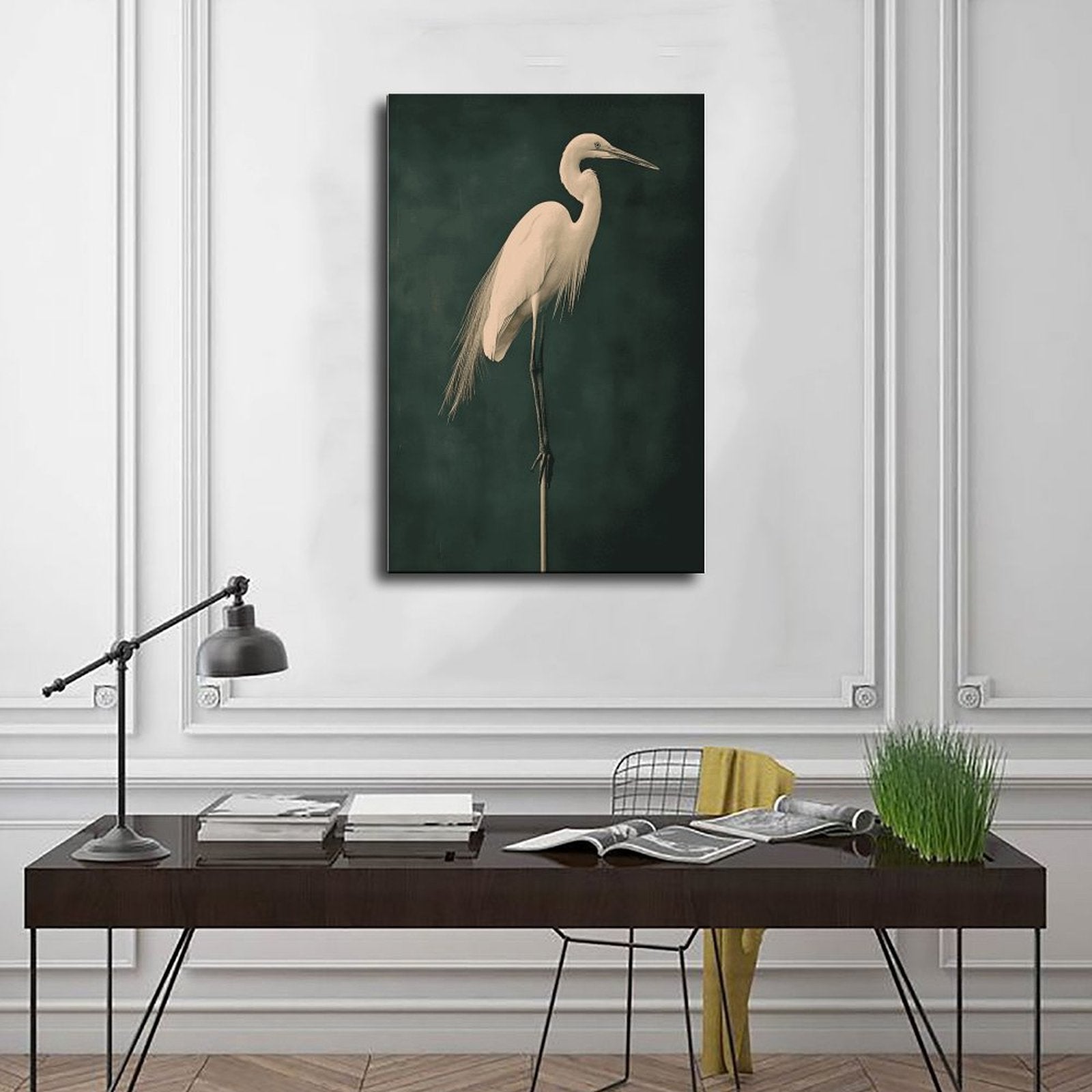 white heron standing against a deep green background in minimalist animal art style — Wrapped Canvas SCENE_01