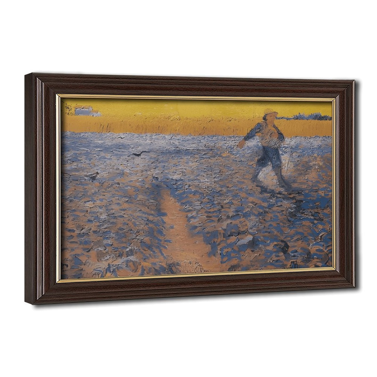 solitary person walking through a blue and gold field in expressive landscape painting style — Wood Grain Gold Frame HERO