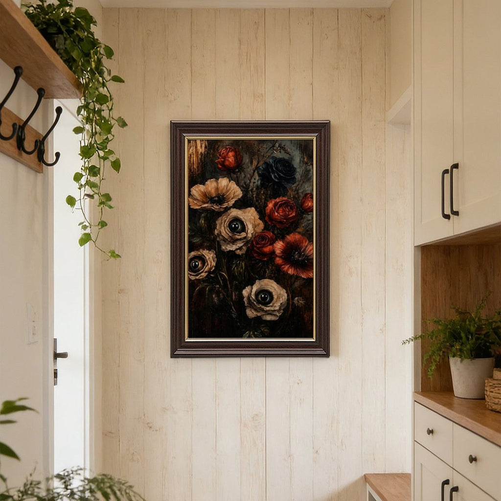 dark floral bouquet with realistic eyes in flower centers in black, deep red, taupe tones — Wood Grain Gold Frame SCENE_04