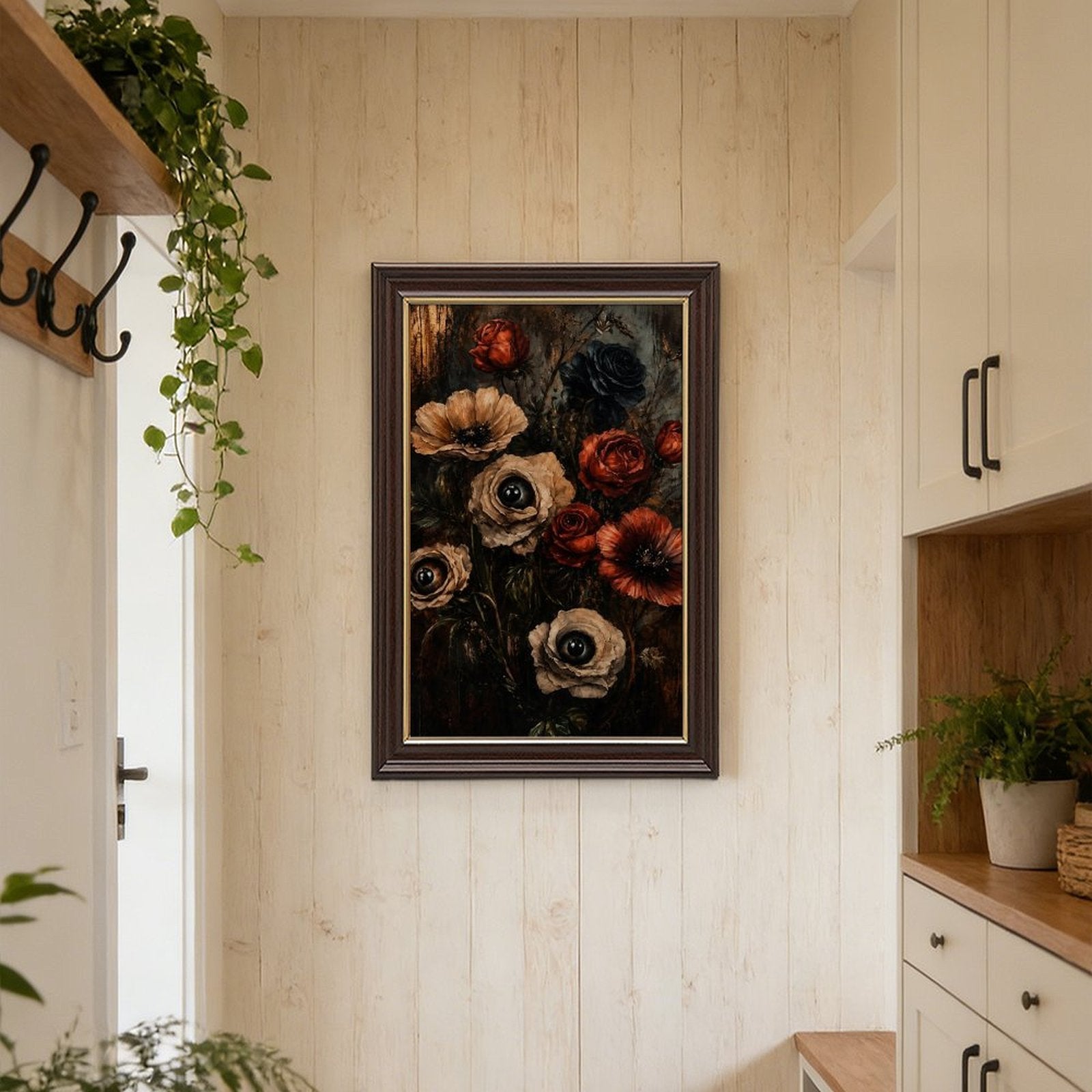 dark floral bouquet with realistic eyes in flower centers in black, deep red, taupe tones — Wood Grain Gold Frame SCENE_04