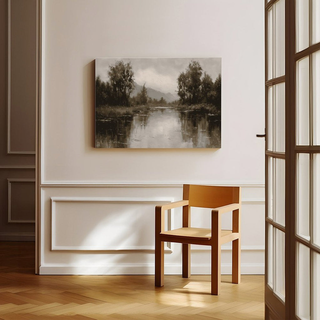 quiet river bend with tree-lined banks in landscape painting style — Wrapped Canvas SCENE_06