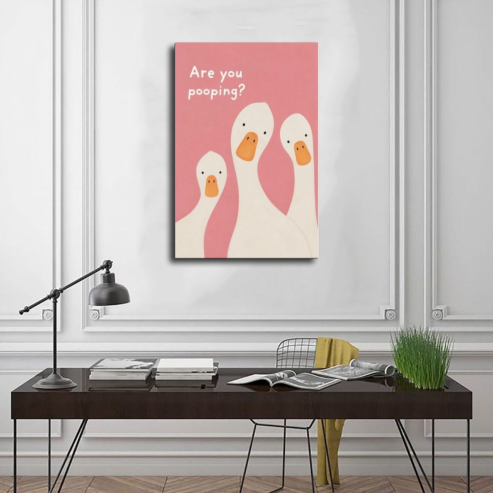 three white ducks beneath bathroom humor typography in pink, white, orange tones — Wrapped Canvas SCENE_01