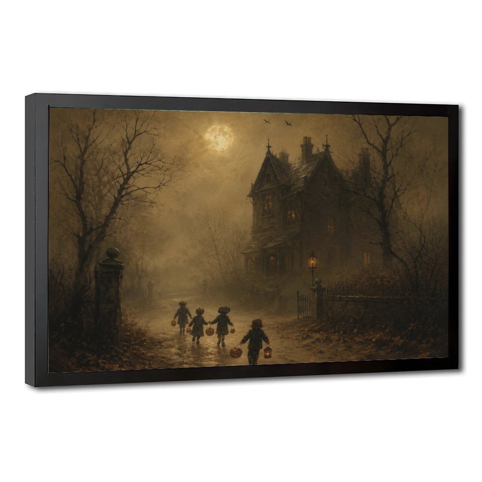 children in Halloween costumes walking toward a haunted house in sepia, black, amber tones — Black Frame HERO