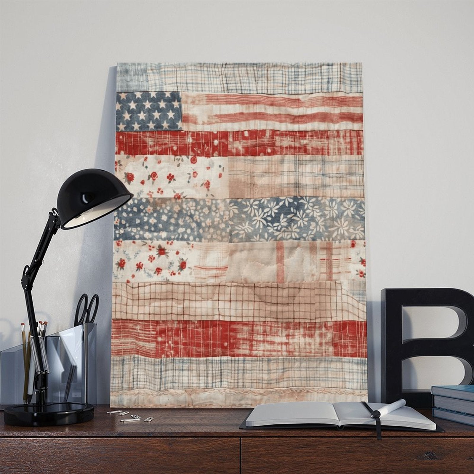 patchwork American flag in folk art style — Wrapped Canvas SCENE_06