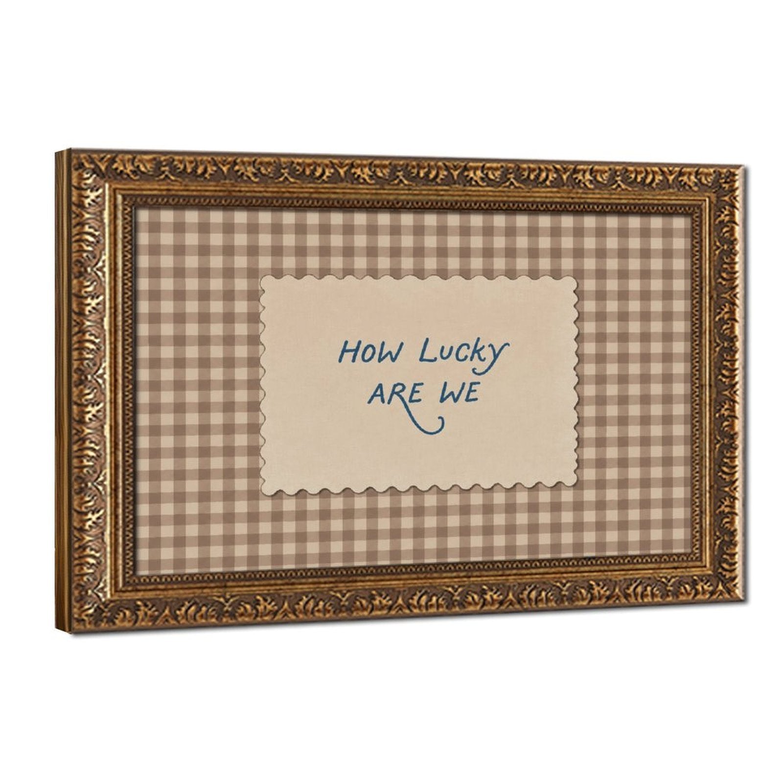 blue handwritten gratitude quote on brown gingham in taupe, cream, blue tones — Vintage Gold Frame HERO