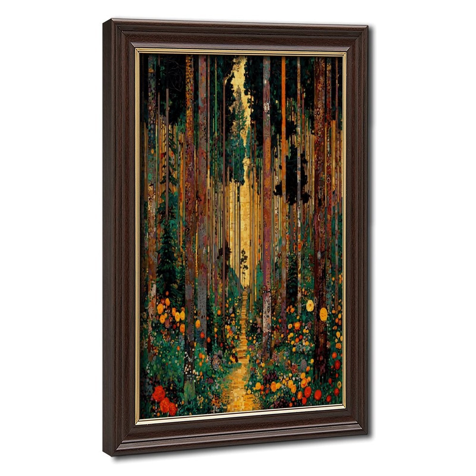 glowing forest path with abstract colorful foliage in abstract landscape style — Wood Grain Gold Frame HERO