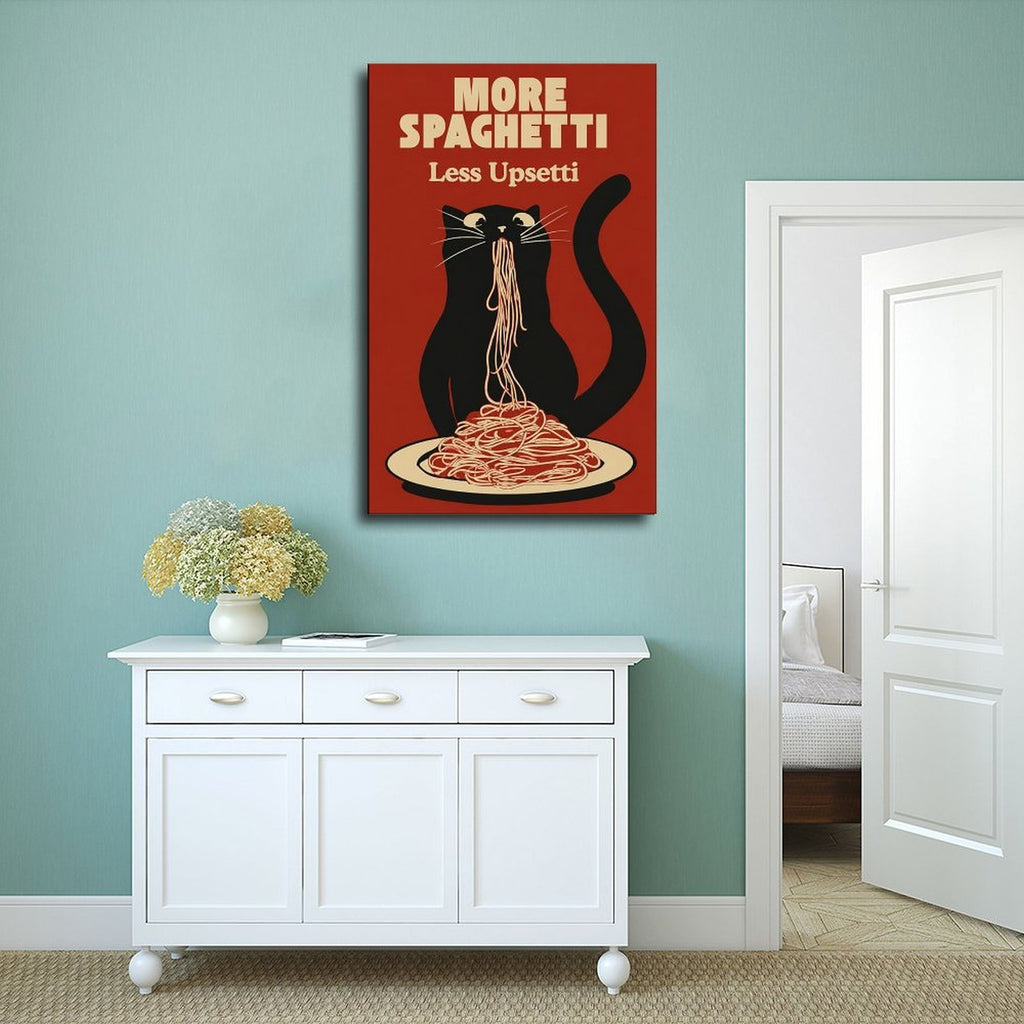 black cat eating spaghetti beneath humorous typography in brick red, black, cream tones — Wrapped Canvas SCENE_02