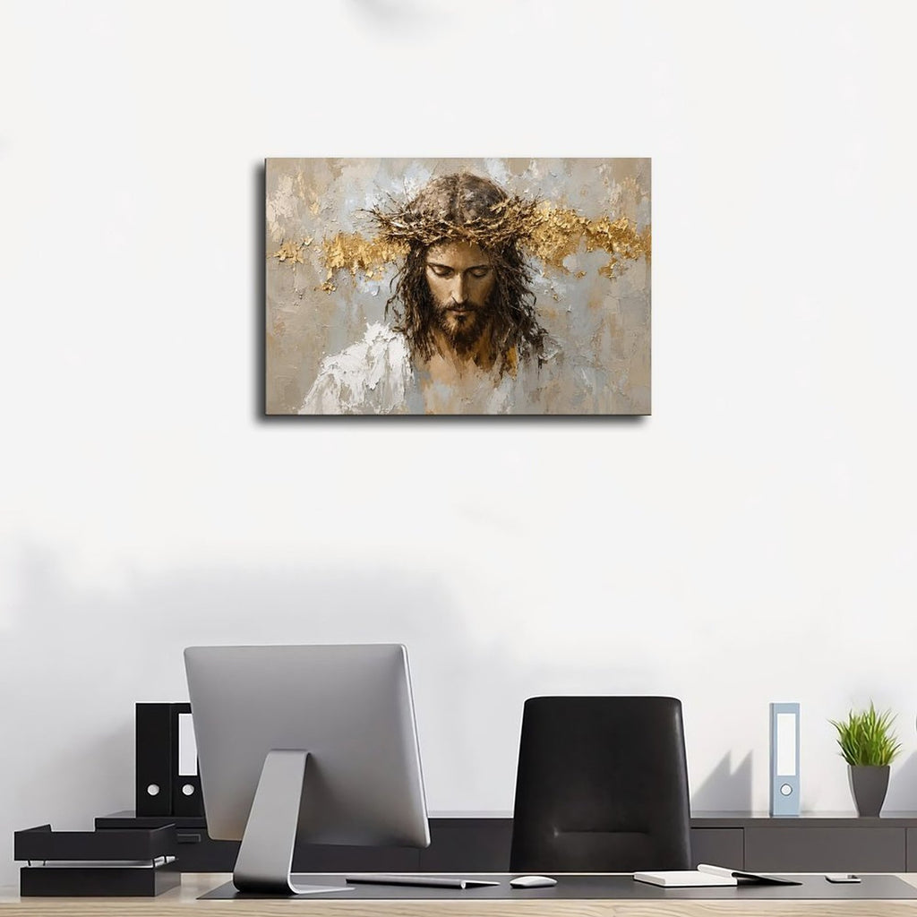 sorrowful sacred figure wearing a crown of thorns in white, taupe, charcoal tones — Wrapped Canvas SCENE_01