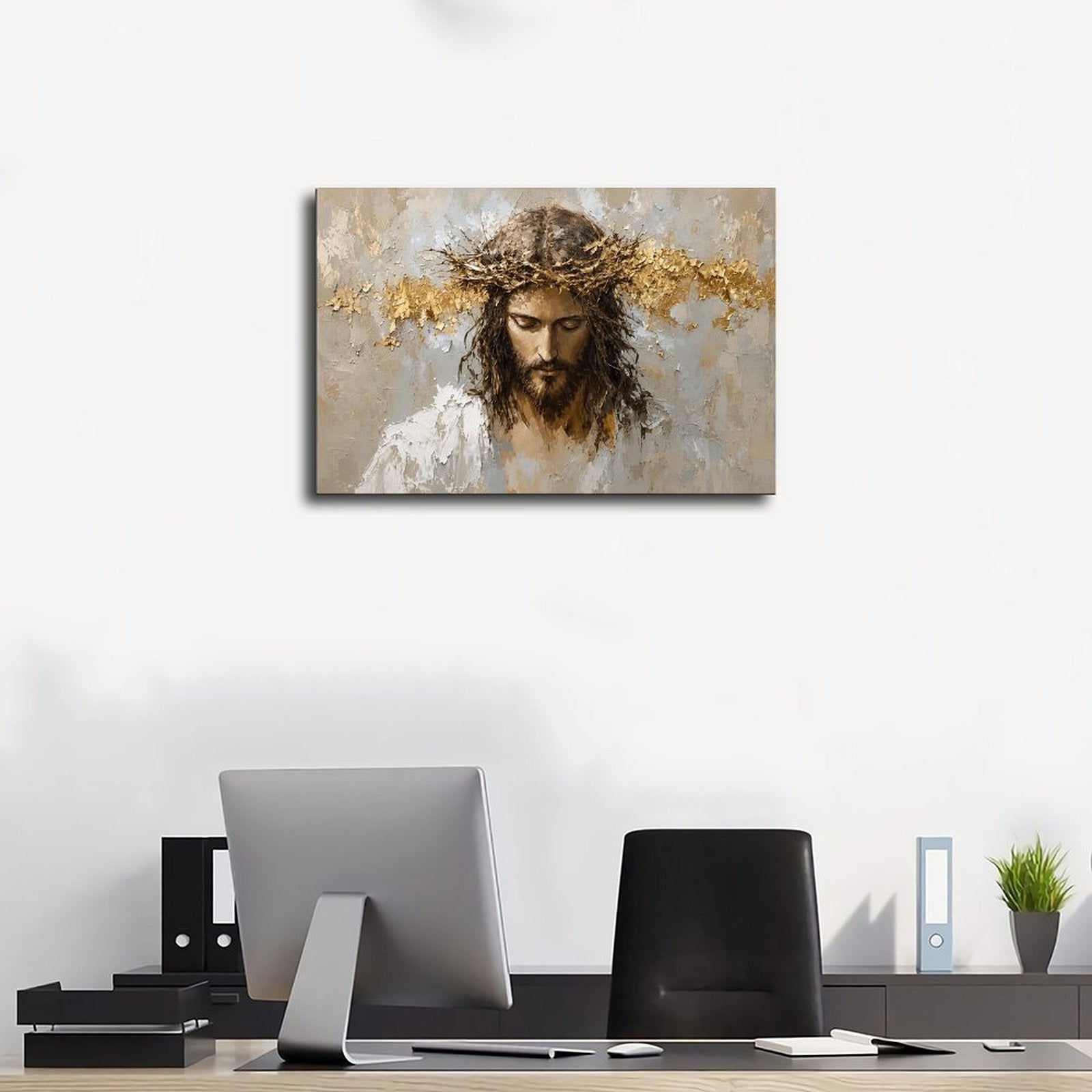 sorrowful sacred figure wearing a crown of thorns in white, taupe, charcoal tones — Wrapped Canvas SCENE_01