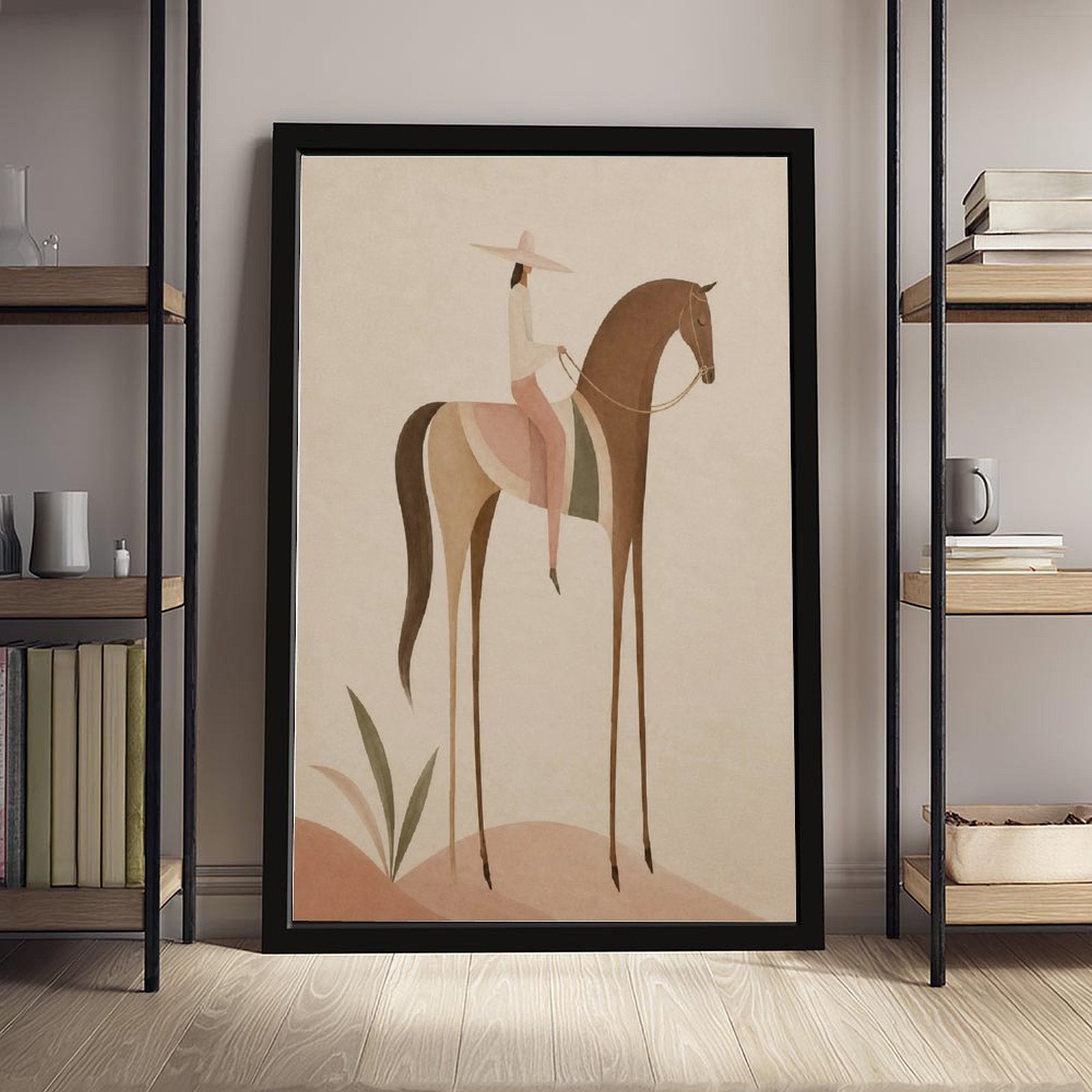 Soft Blush Long Horse canvas wall art featuring a graceful long-limbed horse in soft blush pink, warm beige, muted cream tones, displayed in the Solid Wood Black Frame style