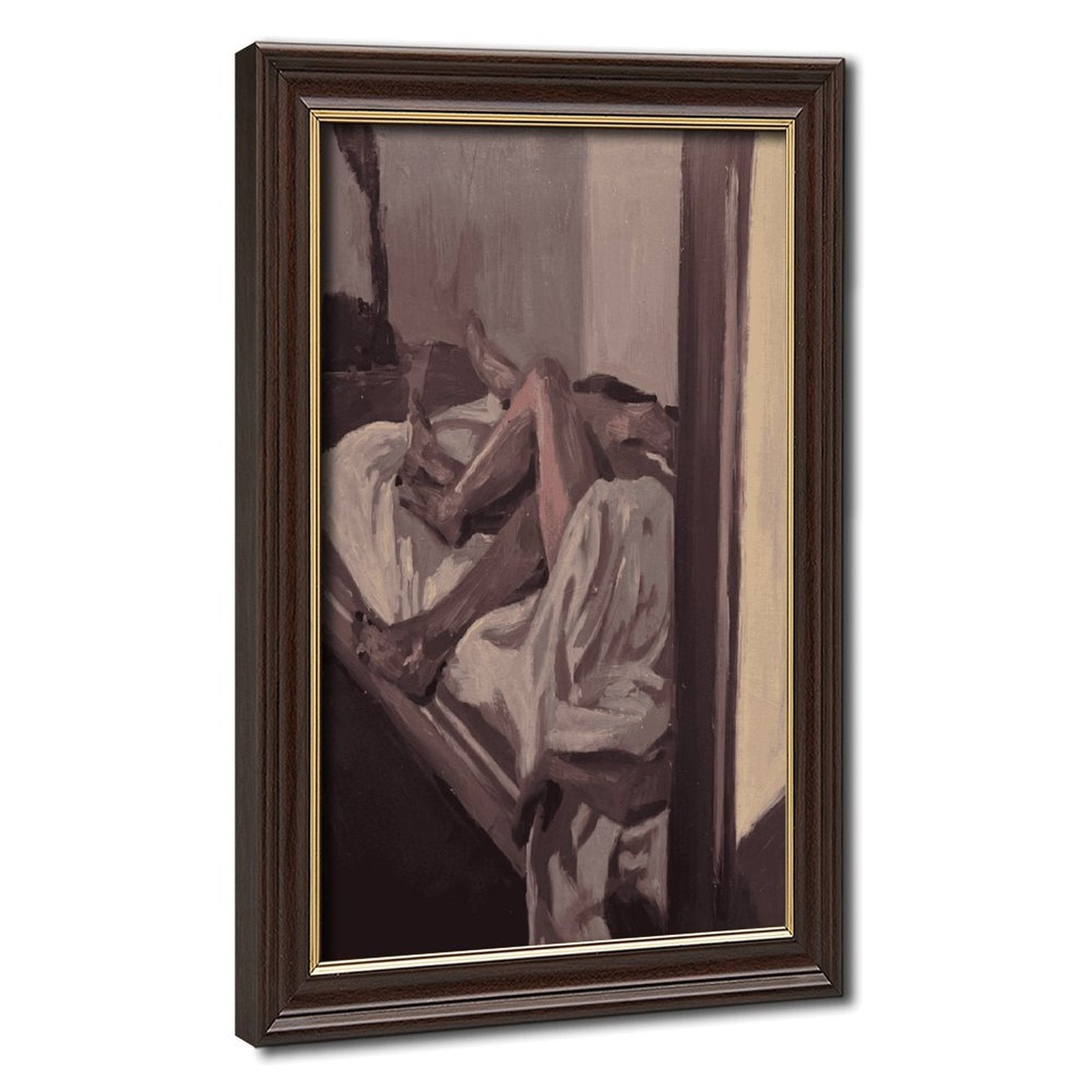 abstract seated figure in muted brown tones in abstract figurative art style — Wood Grain Gold Frame HERO