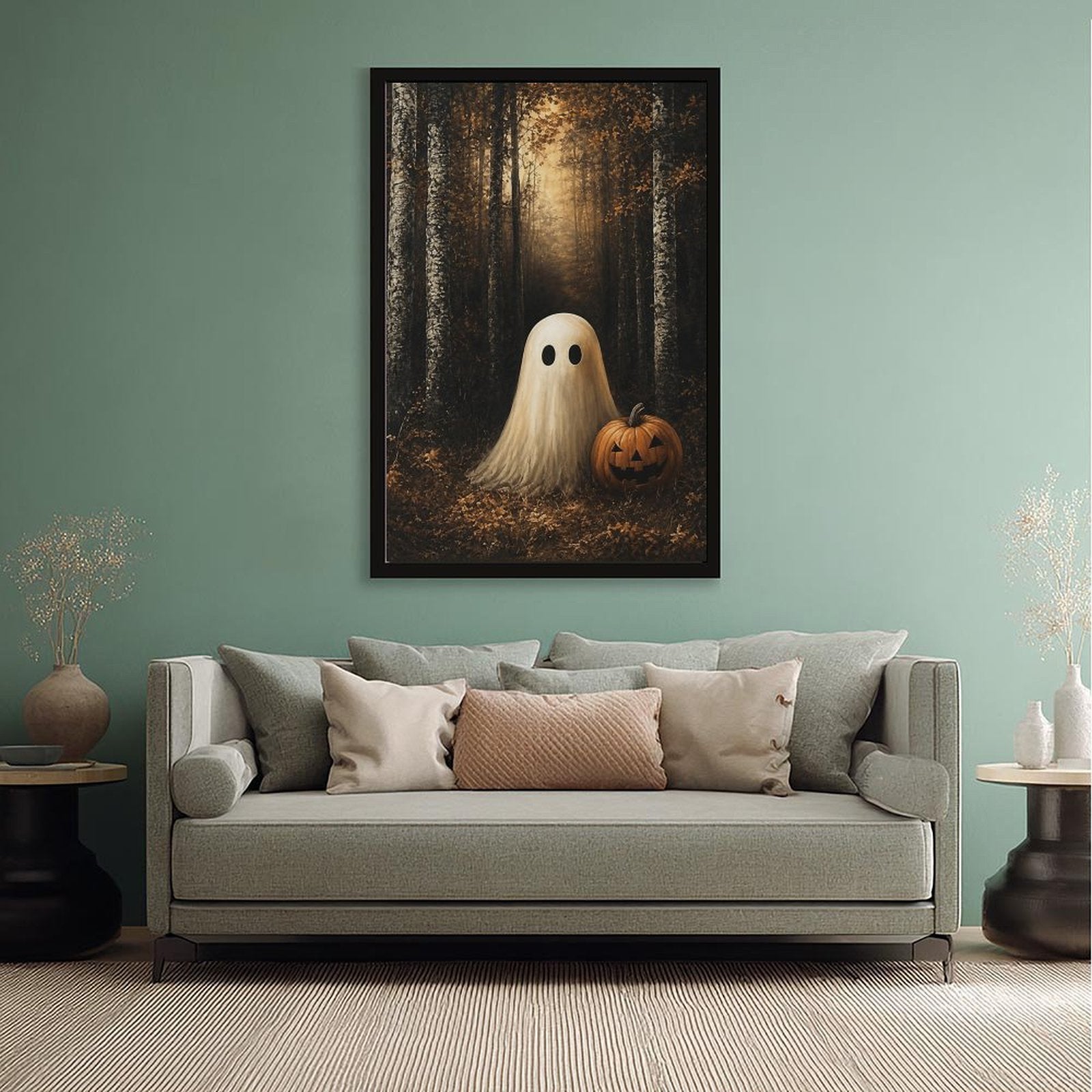 sheet ghost beside a carved pumpkin in an autumn forest in black, amber, cream tones — Black Frame SCENE_02