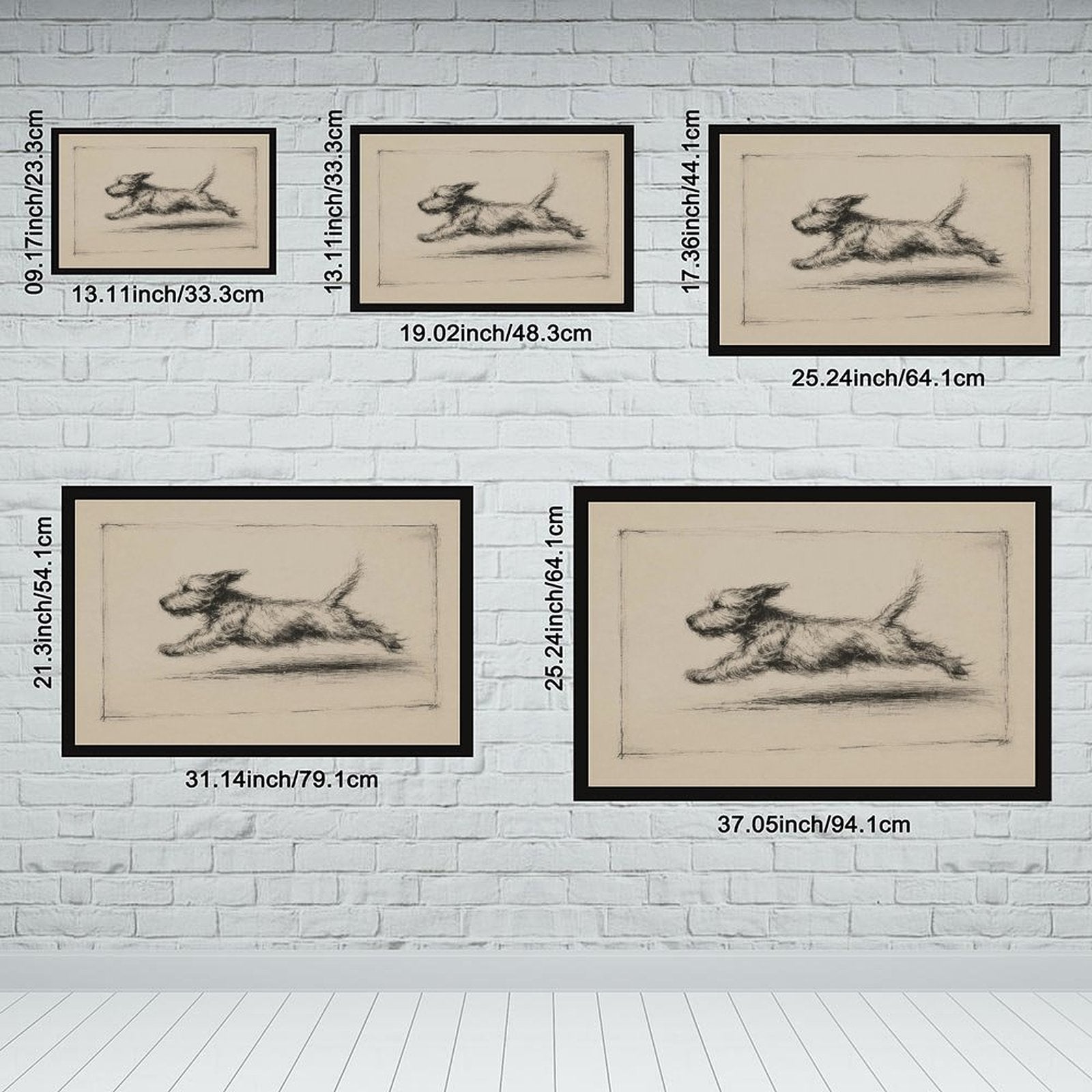 Charcoal sketch of a shaggy dog running across a warm cream background — Black Frame SIZE_GUIDE
