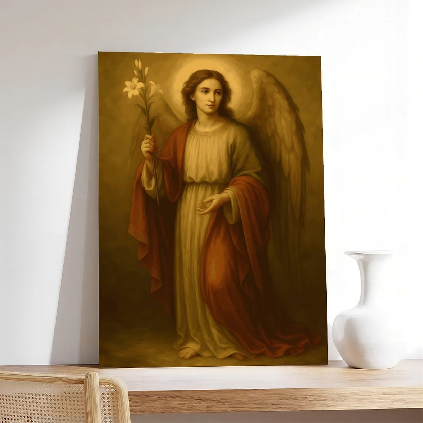 Golden Robed Saint Christian portrait canvas wall art — Wrapped Canvas SCENE_05