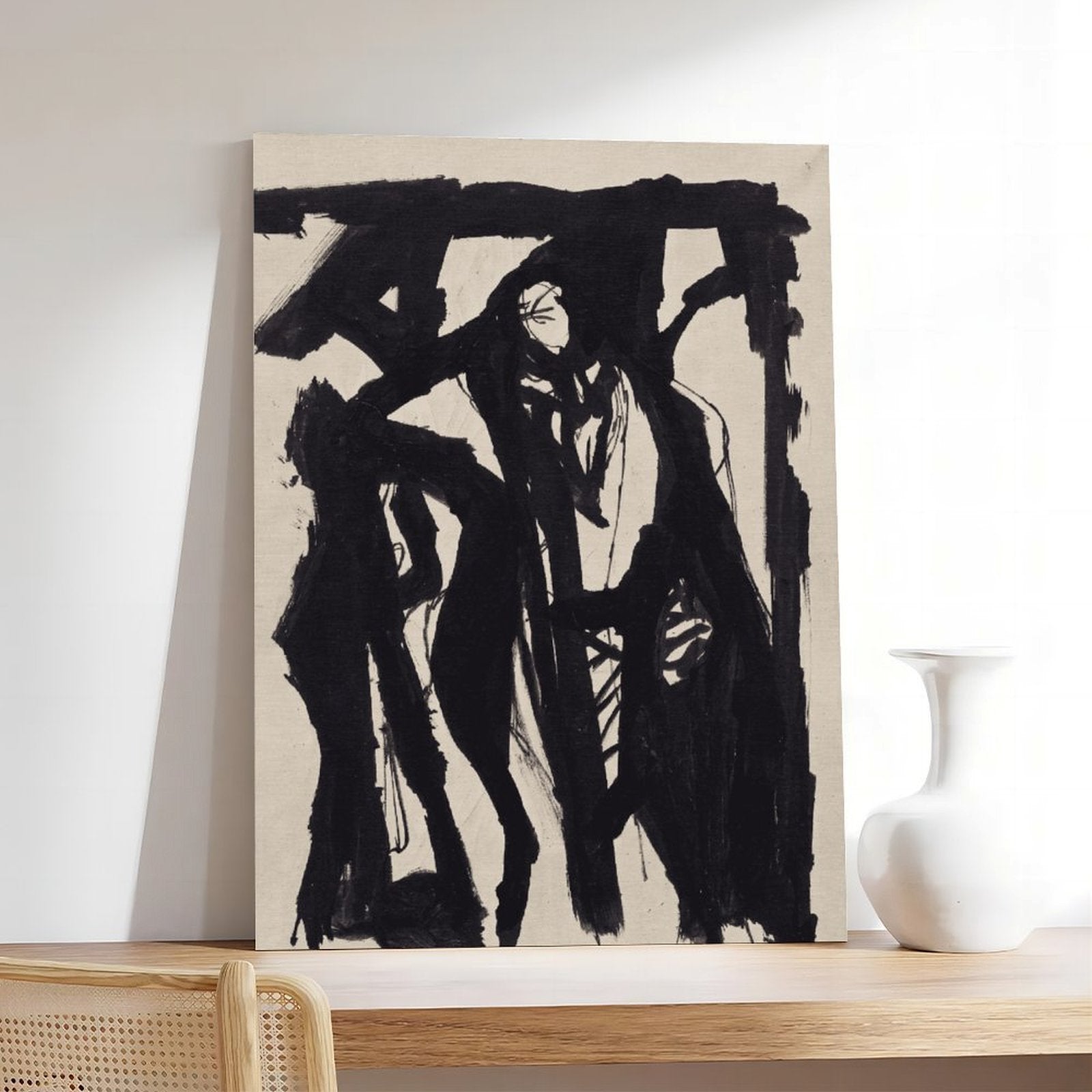 expressive black gestural human figures in gestural abstraction style — Wrapped Canvas SCENE_05