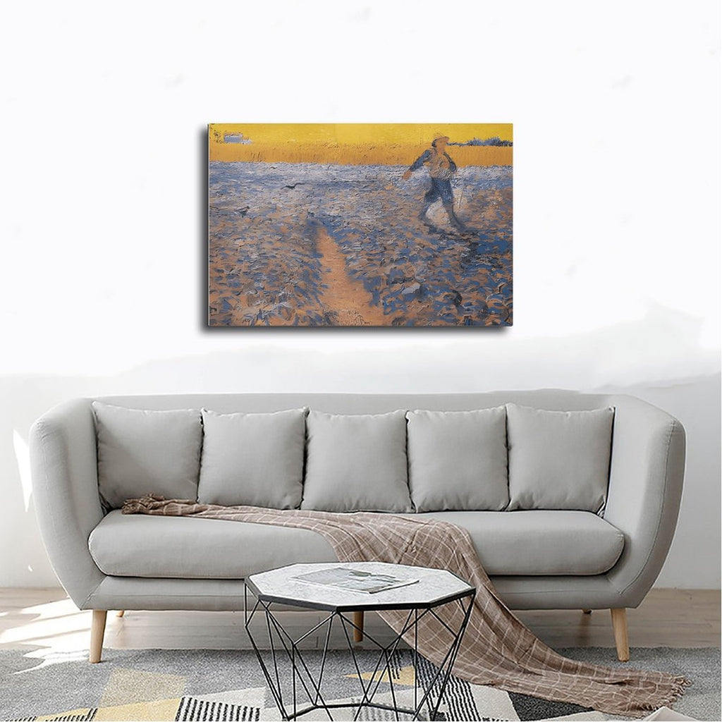 solitary person walking through a blue and gold field in expressive landscape painting style — Wrapped Canvas SCENE_02