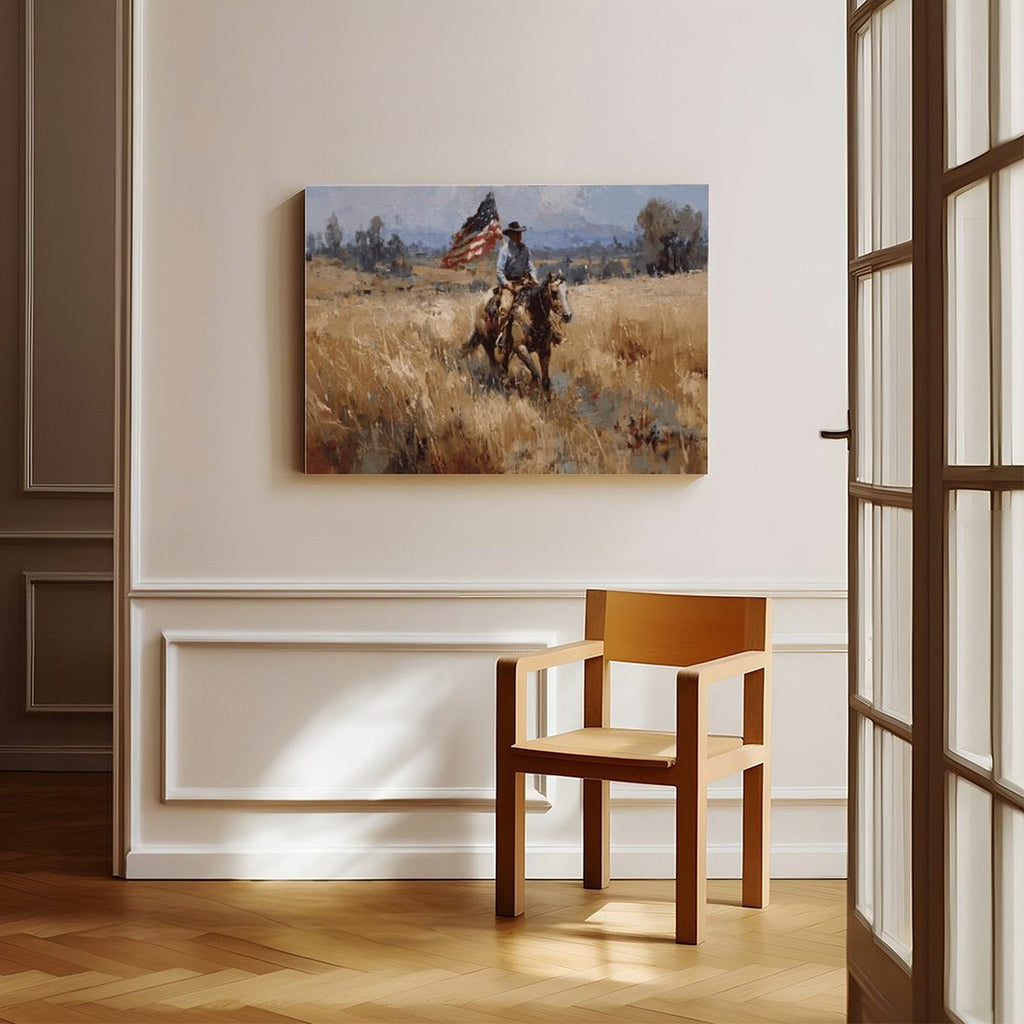 cowboy rider on horseback carrying an American flag in western landscape art style — Wrapped Canvas SCENE_06