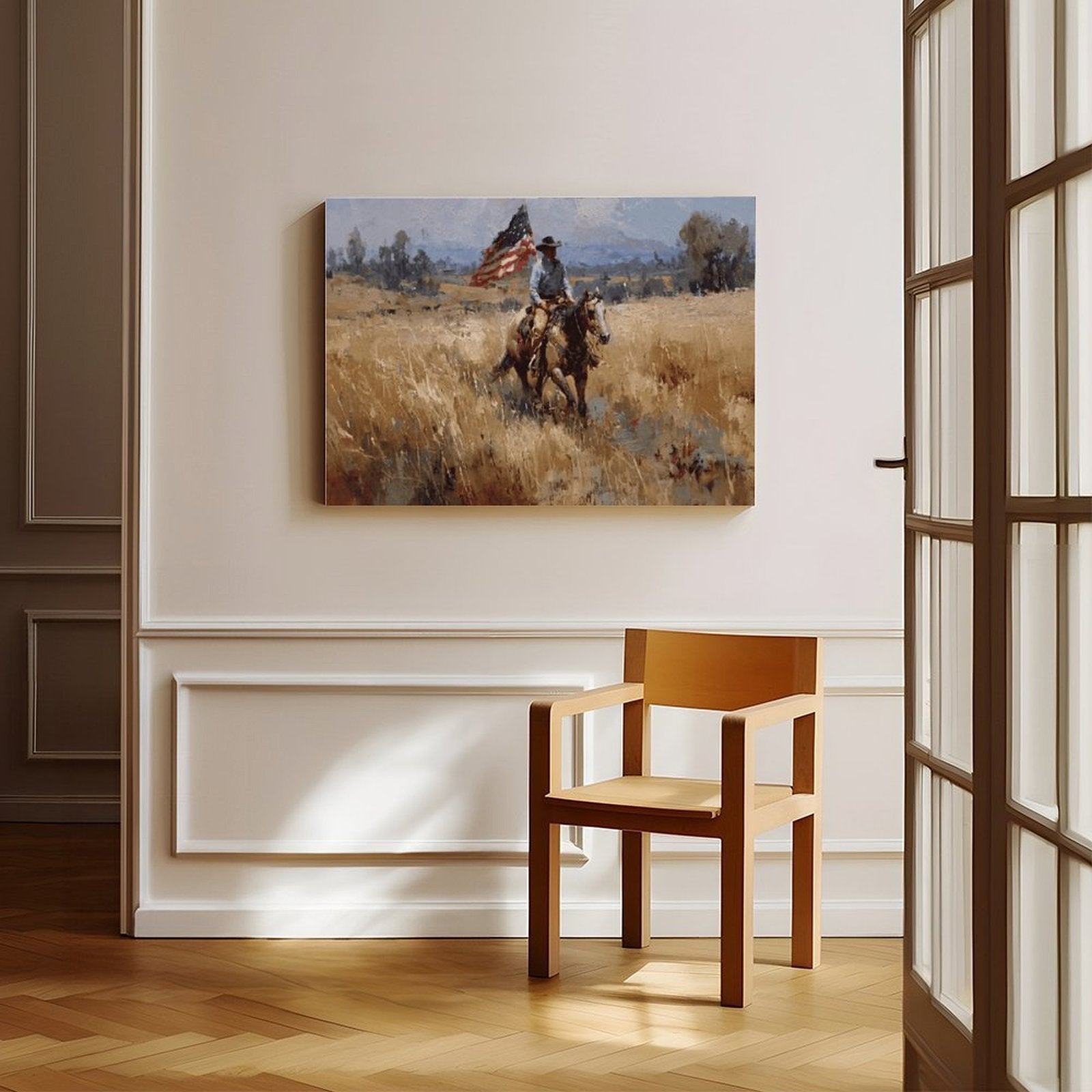 cowboy rider on horseback carrying an American flag in western landscape art style — Wrapped Canvas SCENE_06
