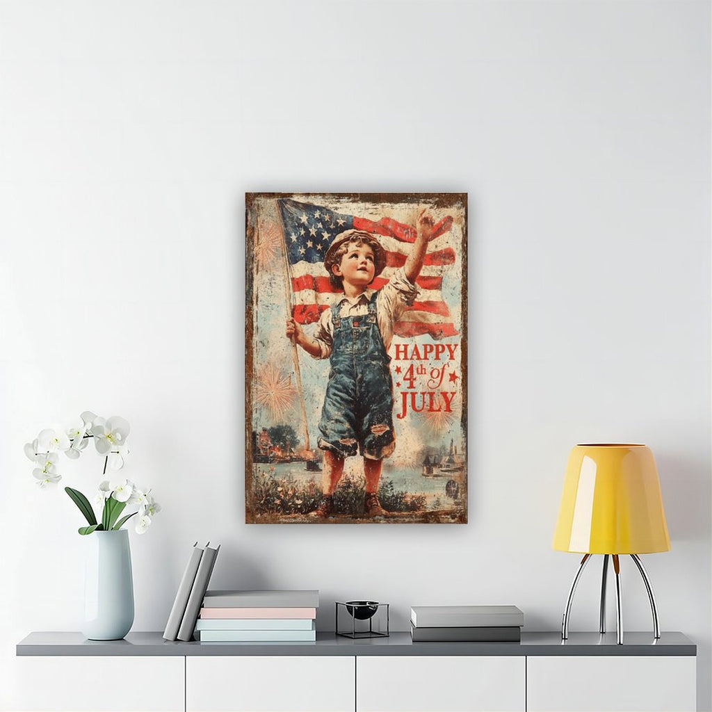 vintage patriotic boy holding an American flag in vintage illustration style — Wrapped Canvas SCENE_04