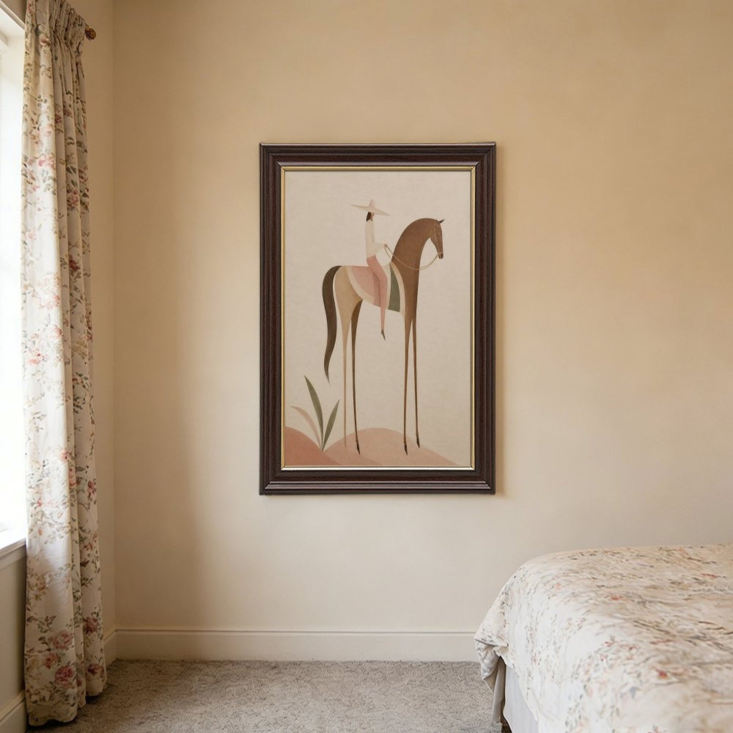 Soft Blush Long Horse canvas wall art featuring a graceful long-limbed horse in soft blush pink, warm beige, muted cream tones, displayed in the Wood Grain Gold Frame style