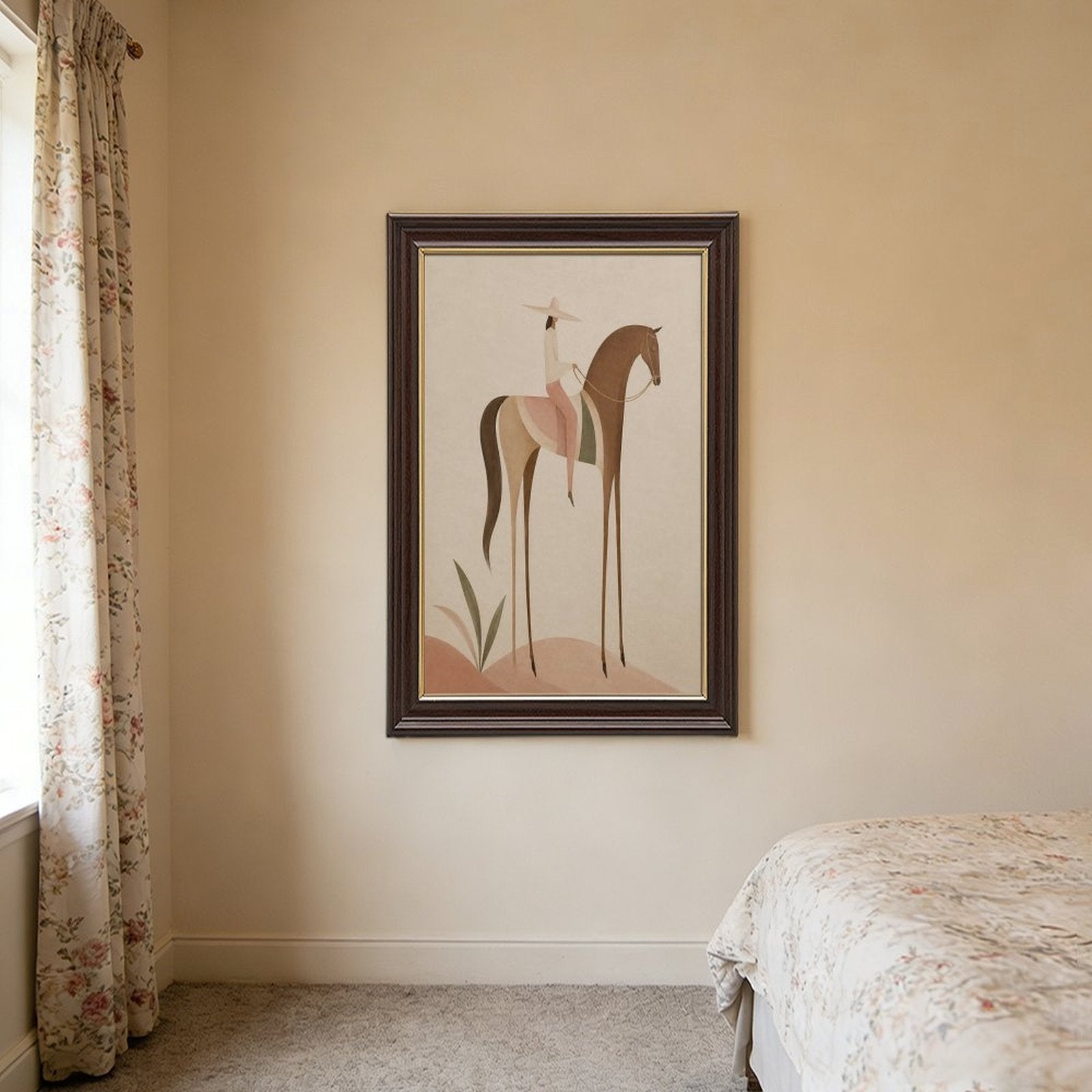 Soft Blush Long Horse canvas wall art featuring a graceful long-limbed horse in soft blush pink, warm beige, muted cream tones, displayed in the Wood Grain Gold Frame style
