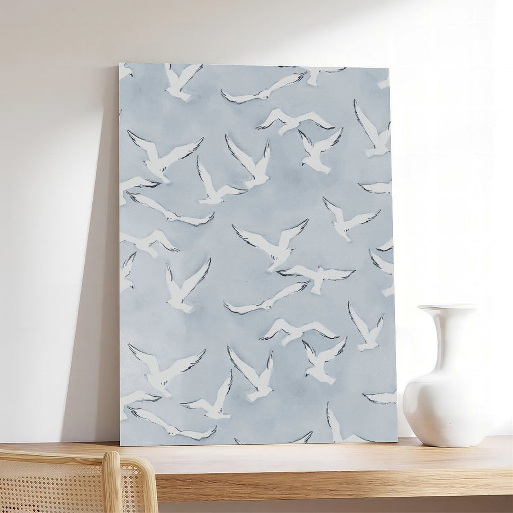 flock of white birds in flight in minimalist animal art style — Wrapped Canvas SCENE_05