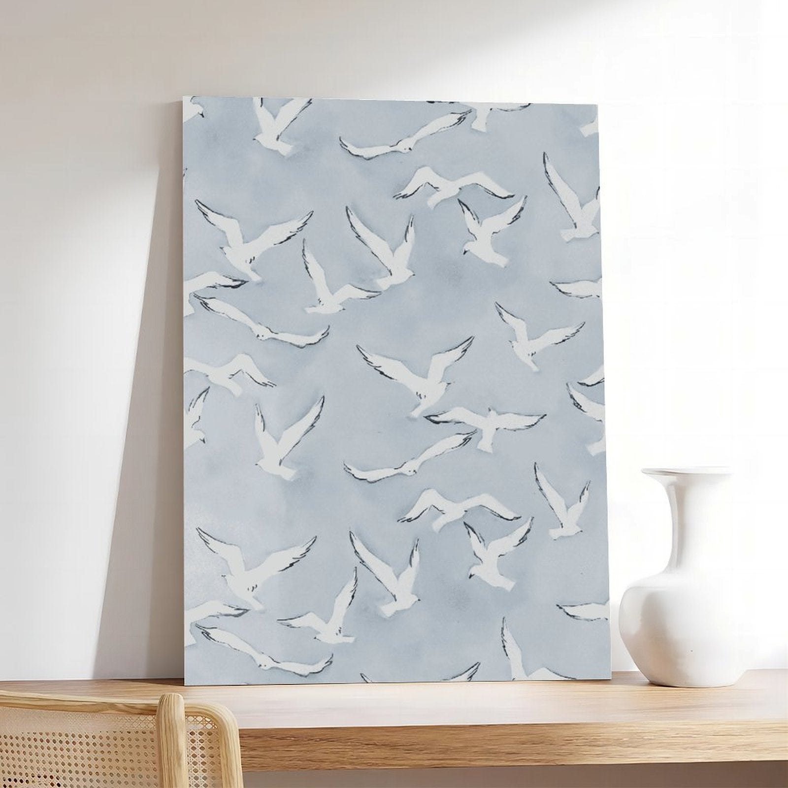 flock of white birds in flight in minimalist animal art style — Wrapped Canvas SCENE_05