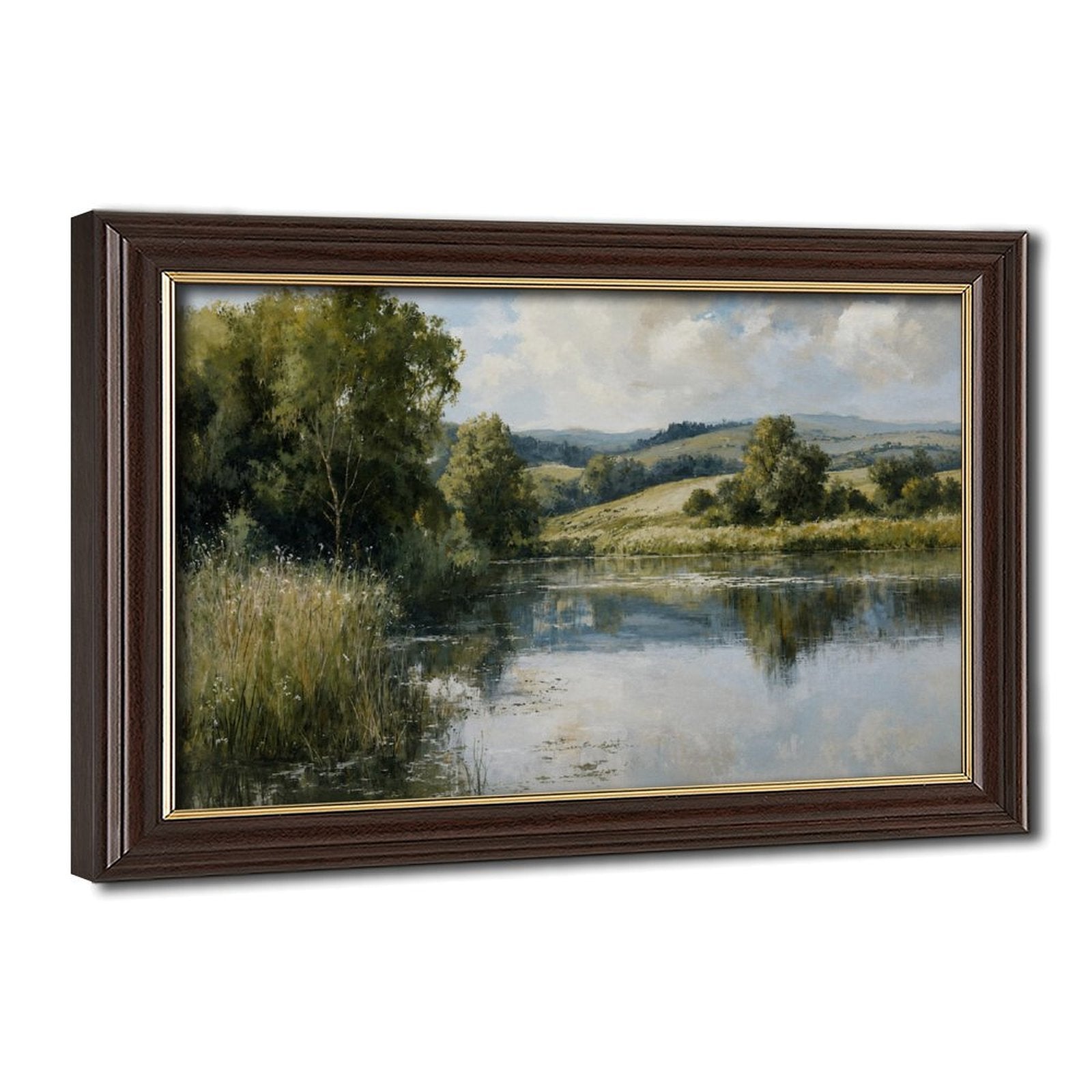 quiet river winding through a green countryside in sage green, blue gray, cream tones — Wood Grain Gold Frame HERO