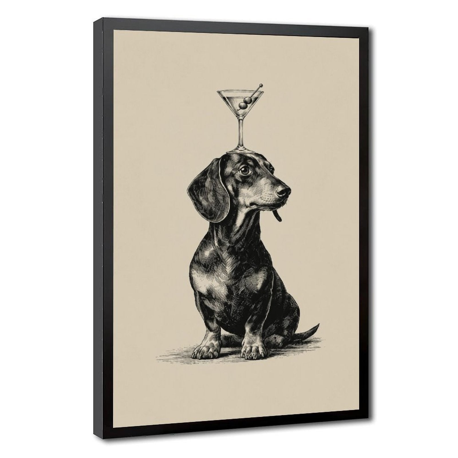 dachshund balancing a cocktail glass on its head in black, warm cream tones — Black Frame HERO