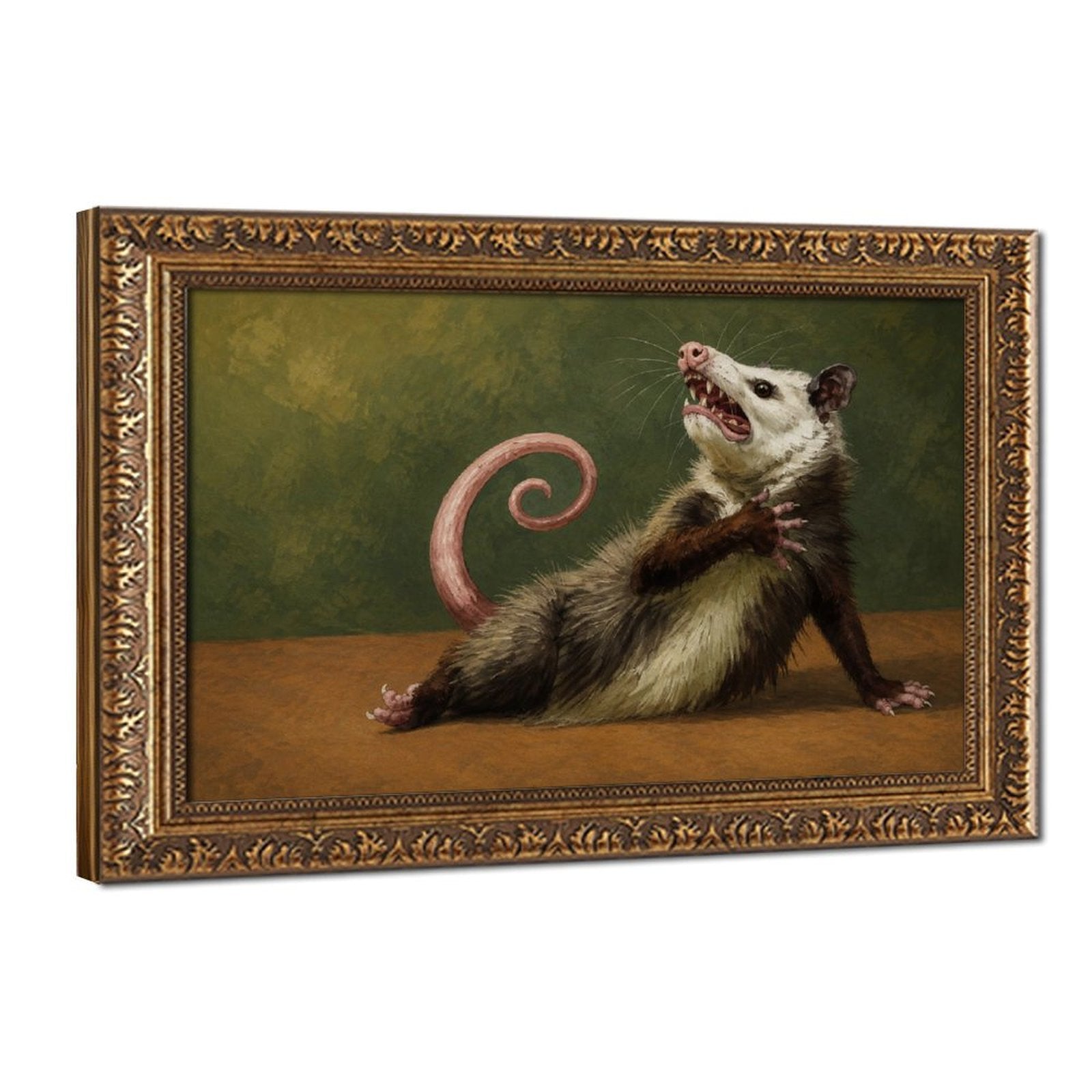 hissing opossum with a curled pink tail in olive green, brown, cream tones — Vintage Gold Frame HERO