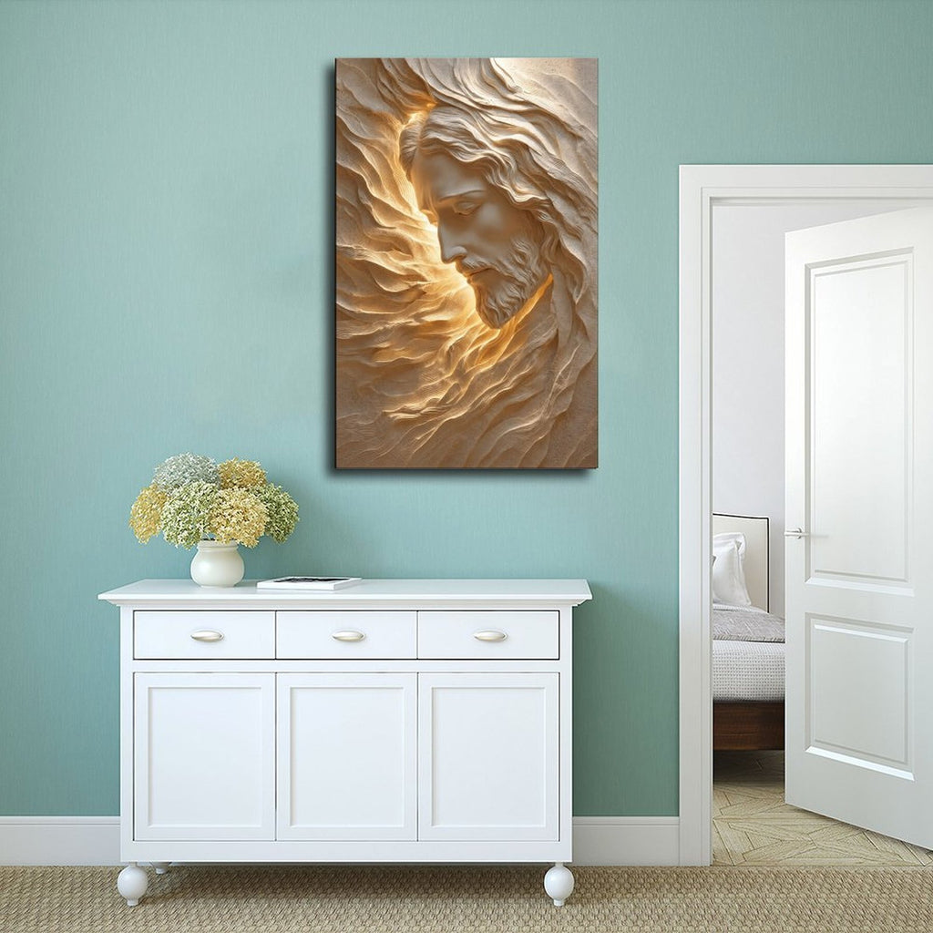 serene bearded sacred figure emerging from flowing stone-like forms in cream, sand, warm gold tones — Wrapped Canvas SCENE_02