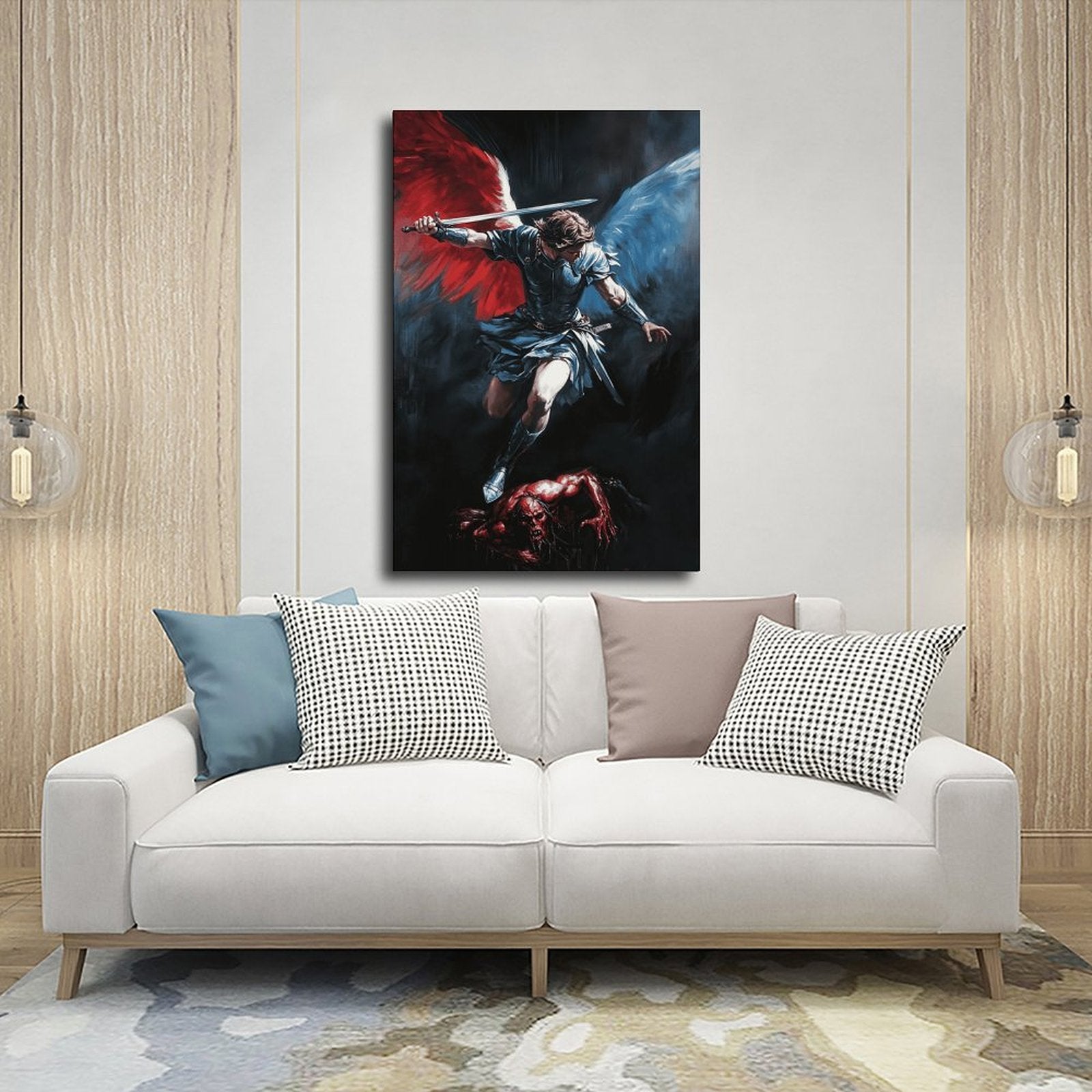 winged archangel warrior battling a red dragon in religious fantasy art style — Wrapped Canvas SCENE_03