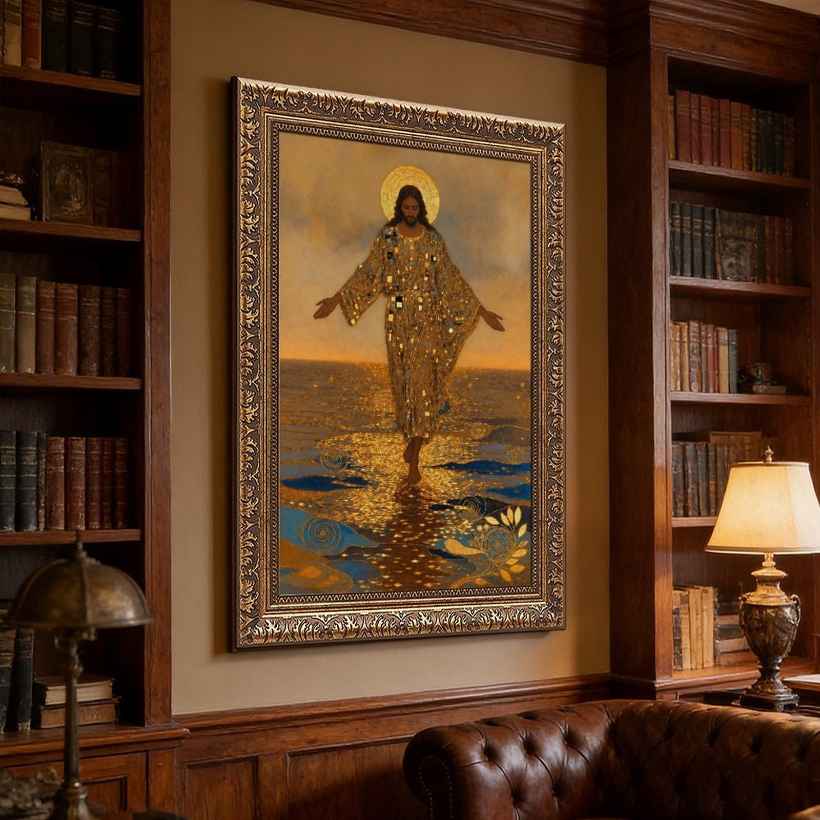 haloed sacred figure walking across reflective water in gold, deep blue, warm brown tones — Vintage Gold Frame SCENE_01
