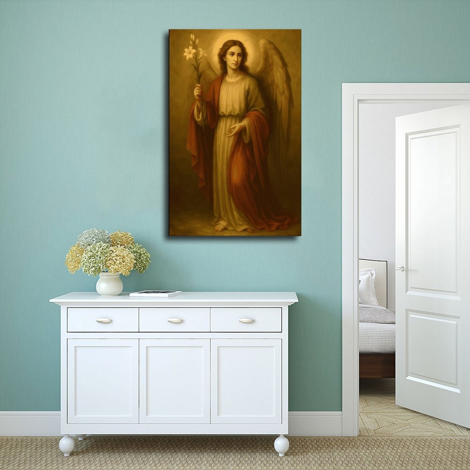 Golden Robed Saint Christian portrait canvas wall art — Wrapped Canvas SCENE_02
