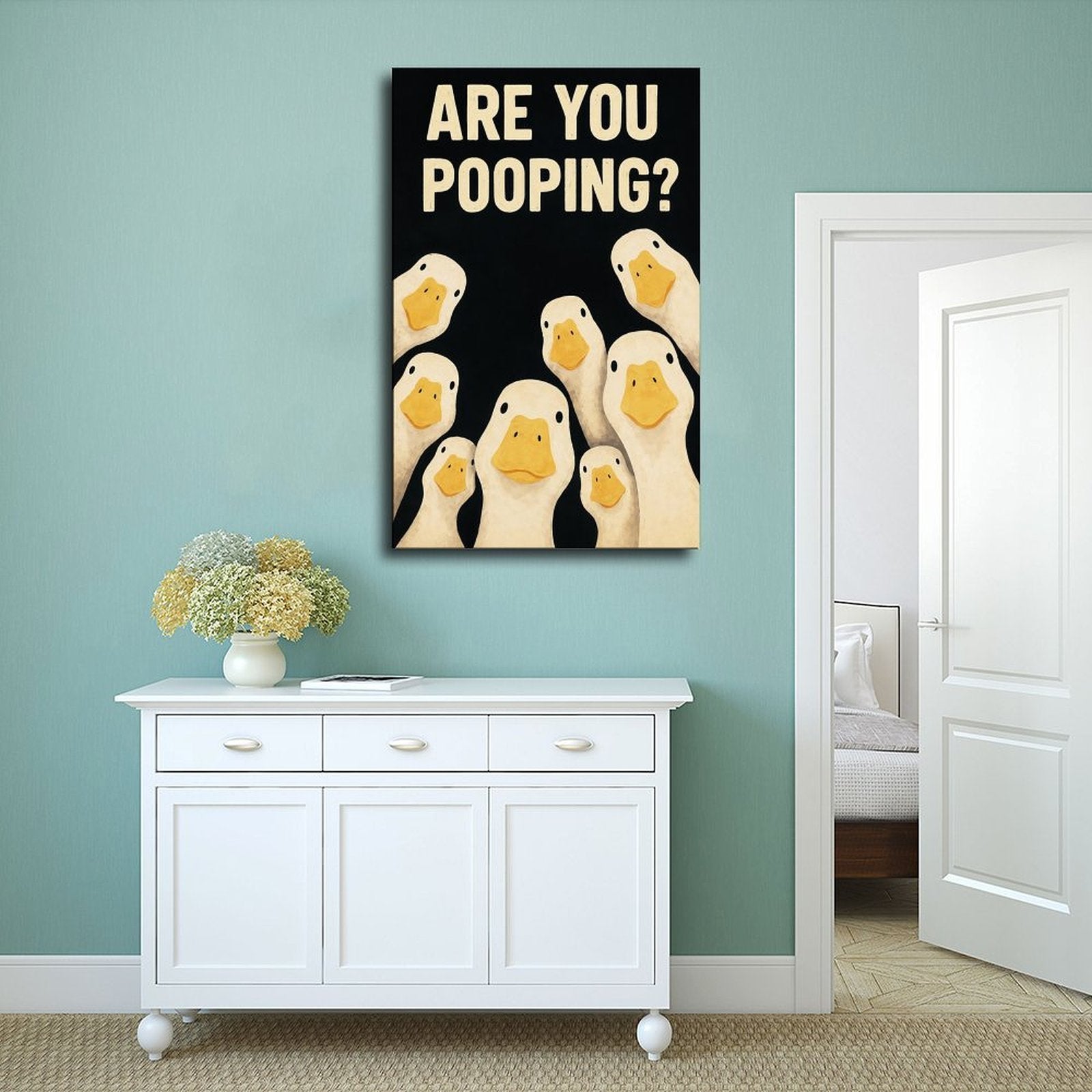 group of white ducks beneath bold bathroom typography in black, cream, yellow tones — Wrapped Canvas SCENE_02