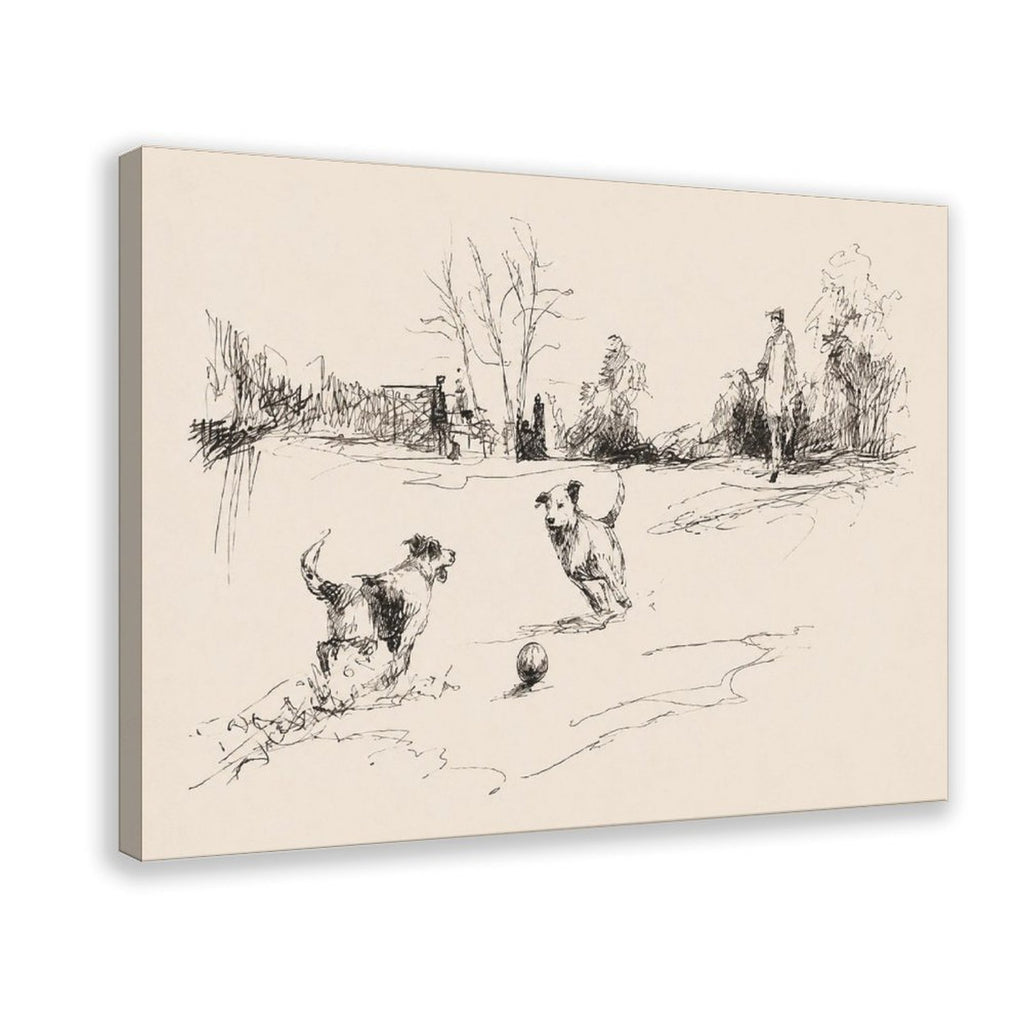 two dogs playing with a ball in black, warm cream tones — Wrapped Canvas HERO