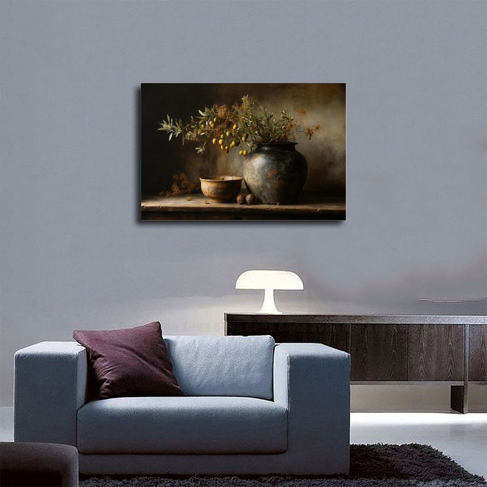 dark ceramic vessel with olive branches and fruit in charcoal, olive green, deep brown tones — Wrapped Canvas SCENE_03