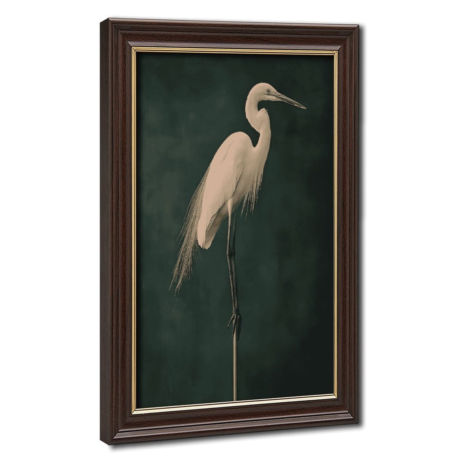 white heron standing against a deep green background in minimalist animal art style — Wood Grain Gold Frame HERO