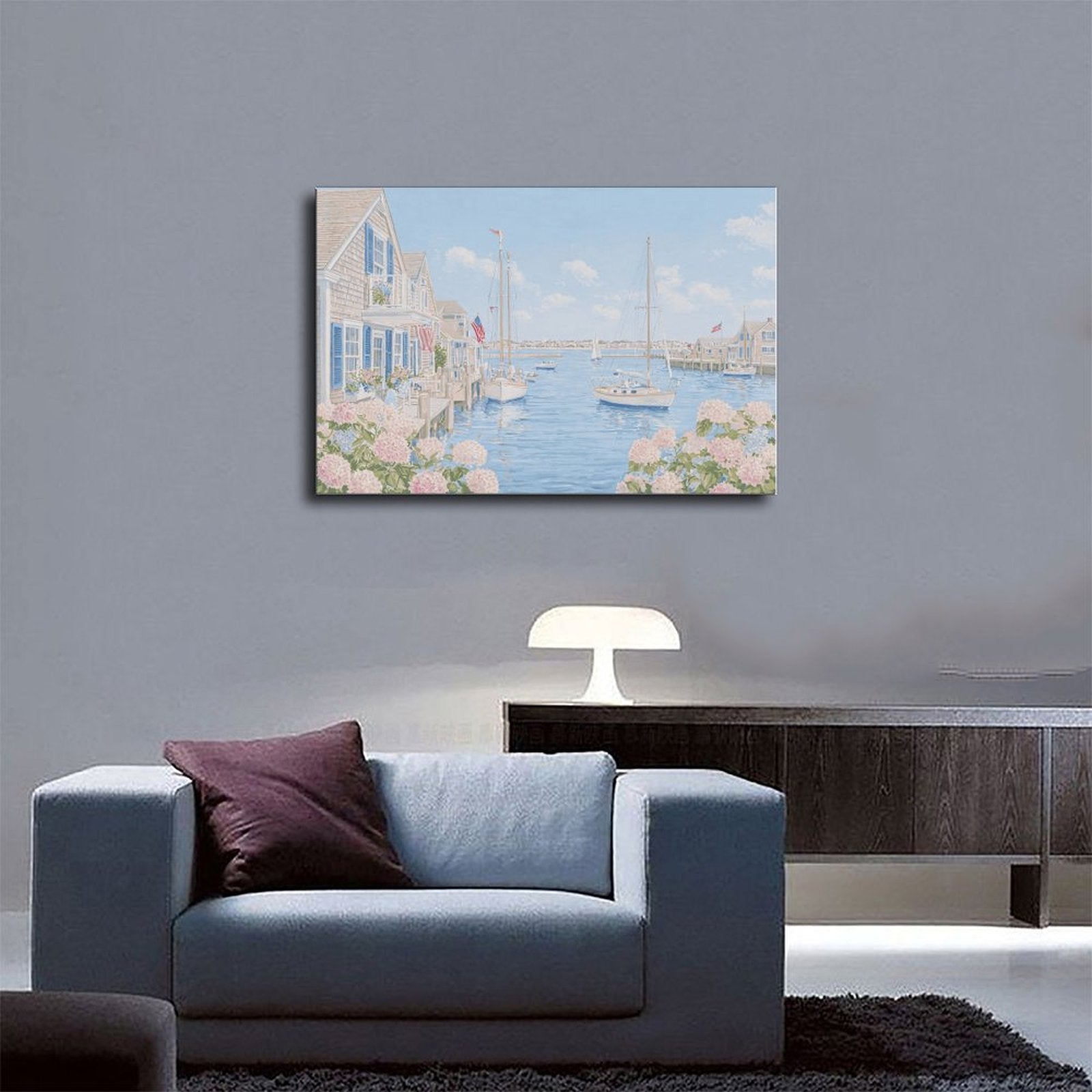 pastel coastal harbor village with boats in coastal landscape painting style — Wrapped Canvas SCENE_03