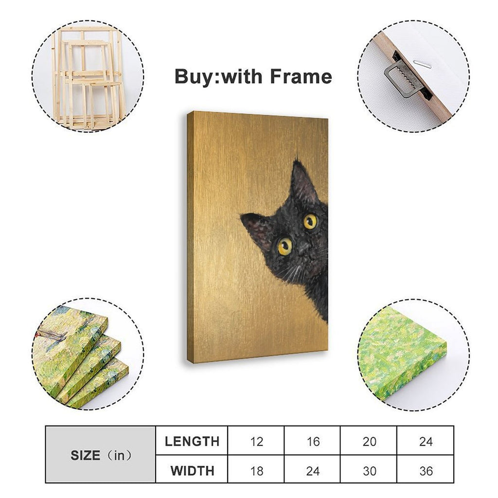 black cat peeking into the composition in black, mustard gold tones — Wrapped Canvas SIZE_GUIDE