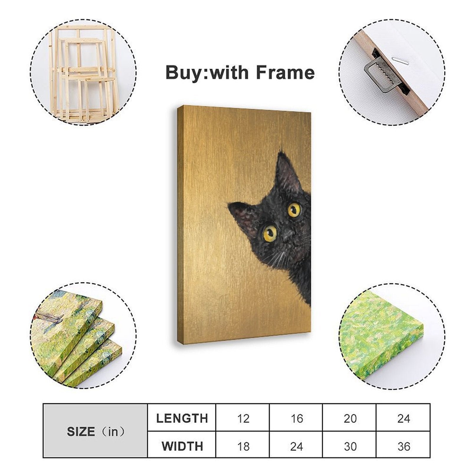 black cat peeking into the composition in black, mustard gold tones — Wrapped Canvas SIZE_GUIDE