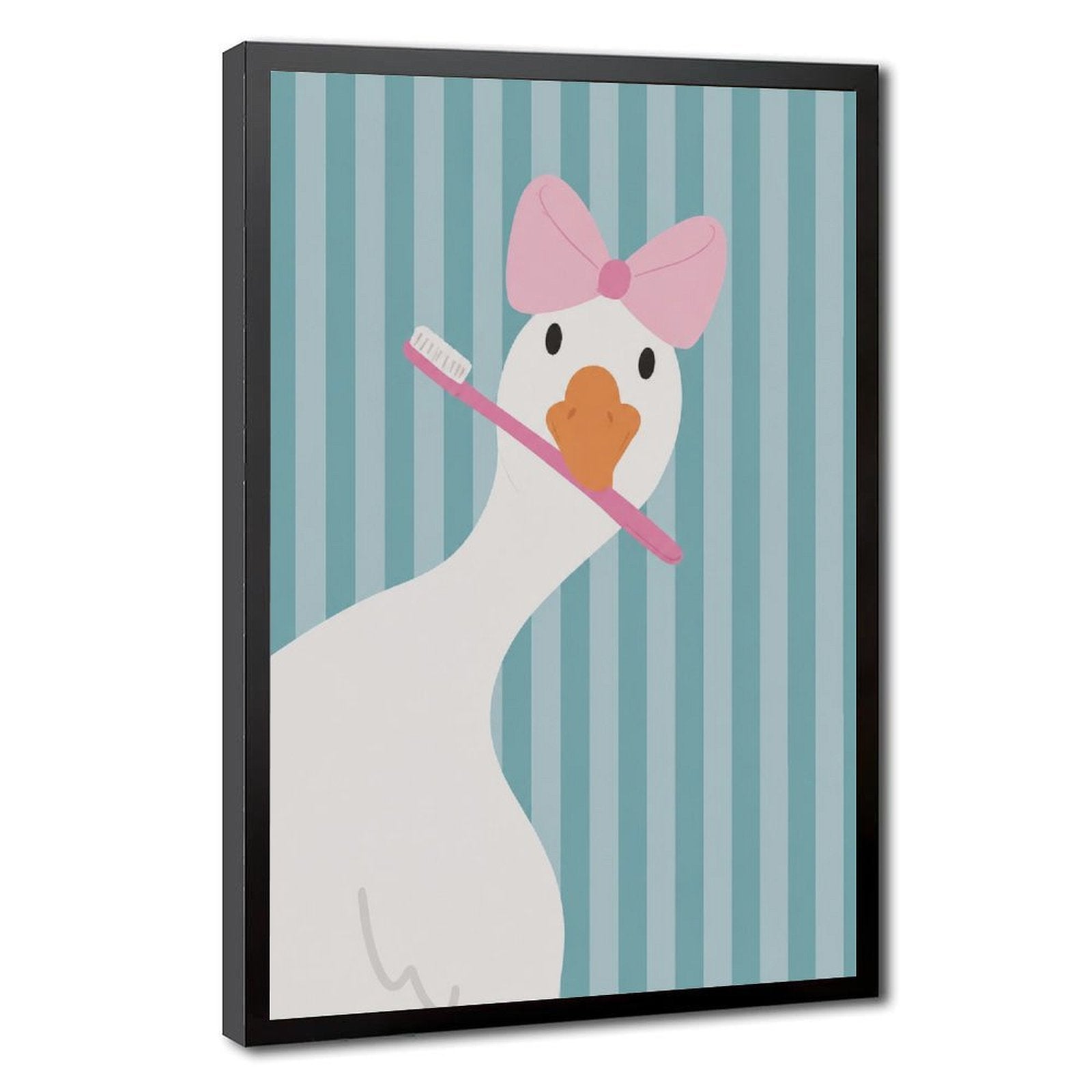 white duck with a pink bow holding a toothbrush in sky blue, white, pink tones — Black Frame HERO