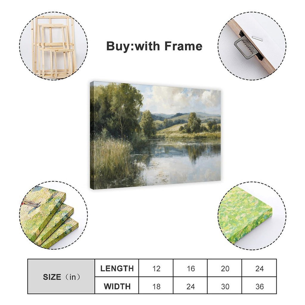 quiet river winding through a green countryside in sage green, blue gray, cream tones — Wrapped Canvas SIZE_GUIDE